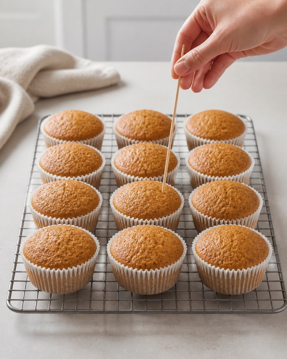 Exactly twelve golden carrot muffins being tested with a wooden skewer before cooling separately on a rack under tilberedningen af gulerodsmuffins med hvid chokoladefrosting
