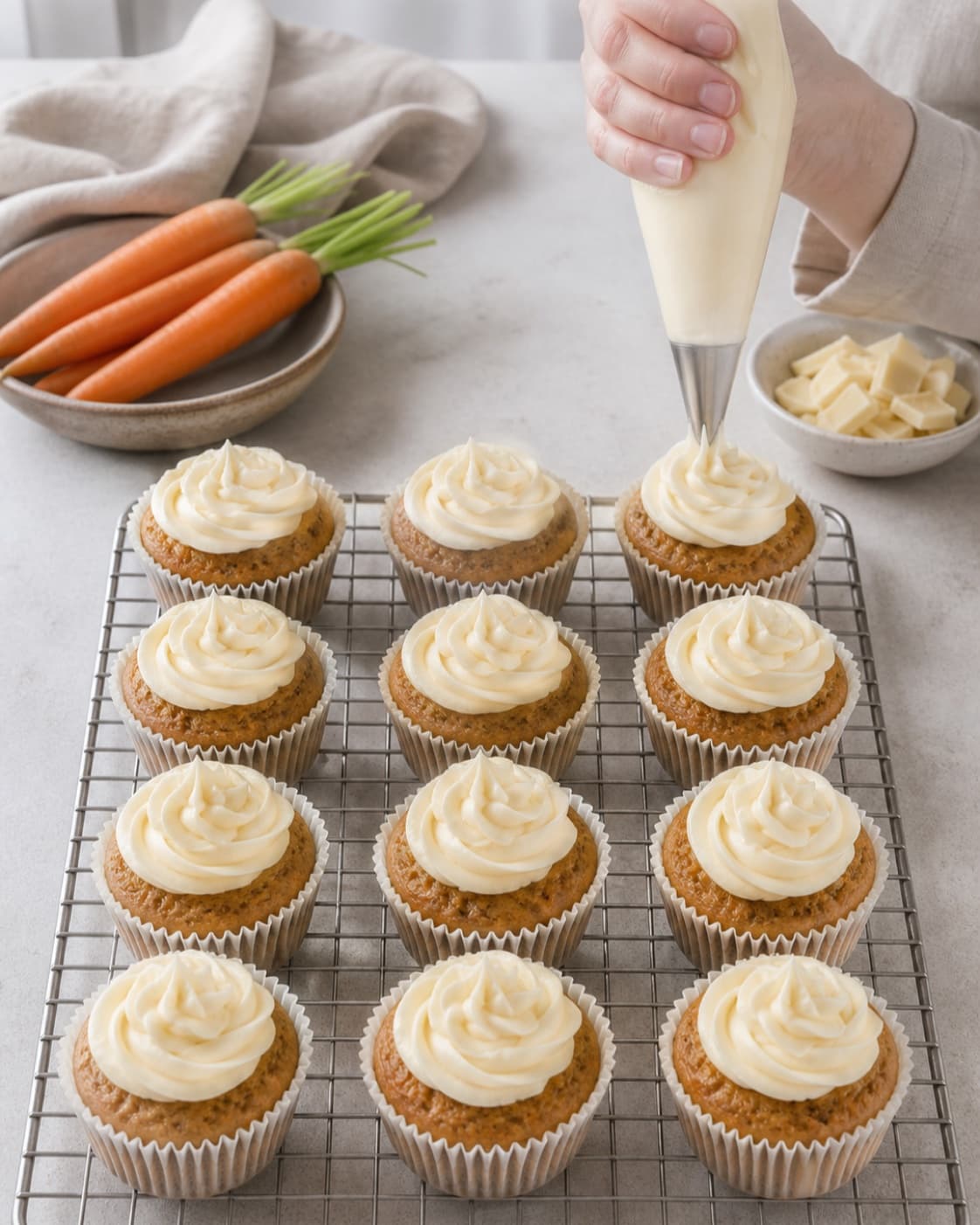 Smooth white chocolate cream cheese frosting being piped onto exactly twelve completely cooled carrot muffins under tilberedningen af gulerodsmuffins med hvid chokoladefrosting