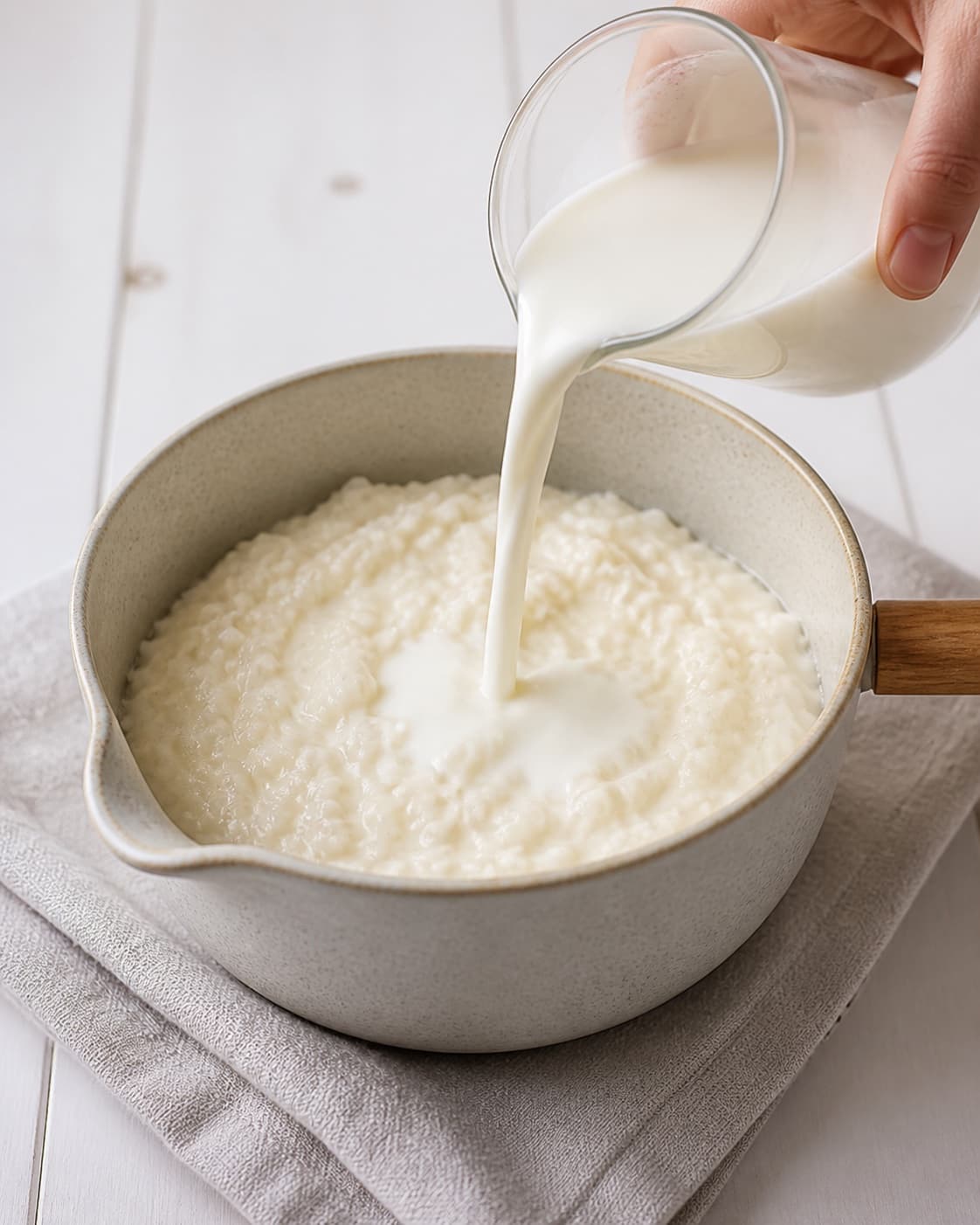 Whole milk being poured gradually into partially cooked porridge rice under tilberedningen af risengrød med kanel og smørklat