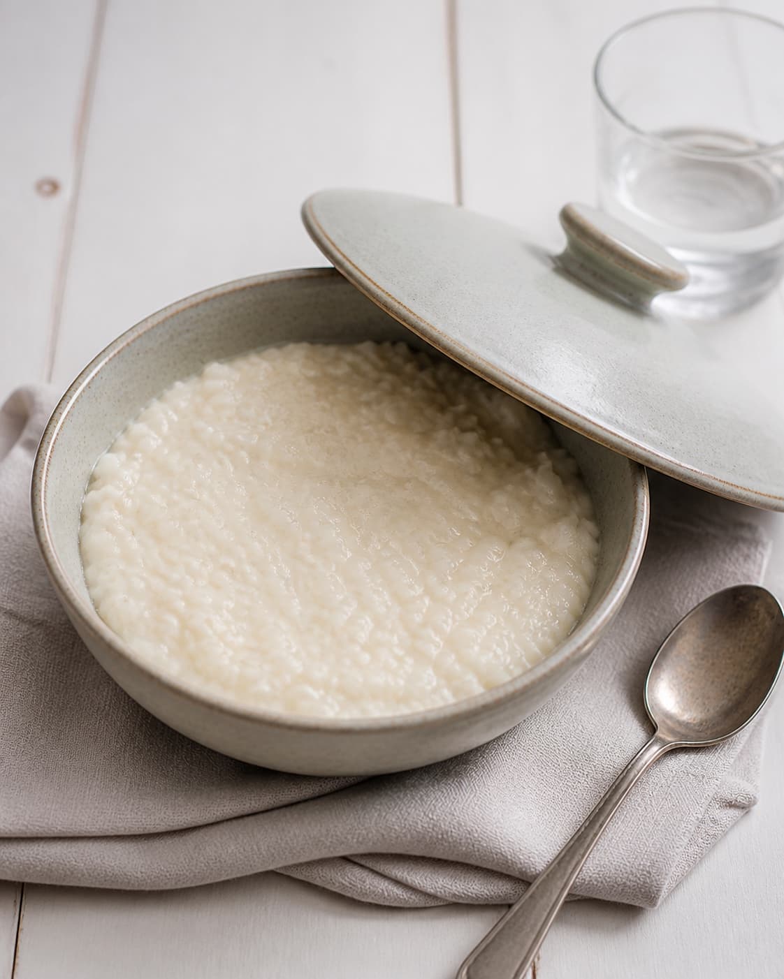 Finished rice porridge resting under a lid before consistency is adjusted under tilberedningen af risengrød med kanel og smørklat