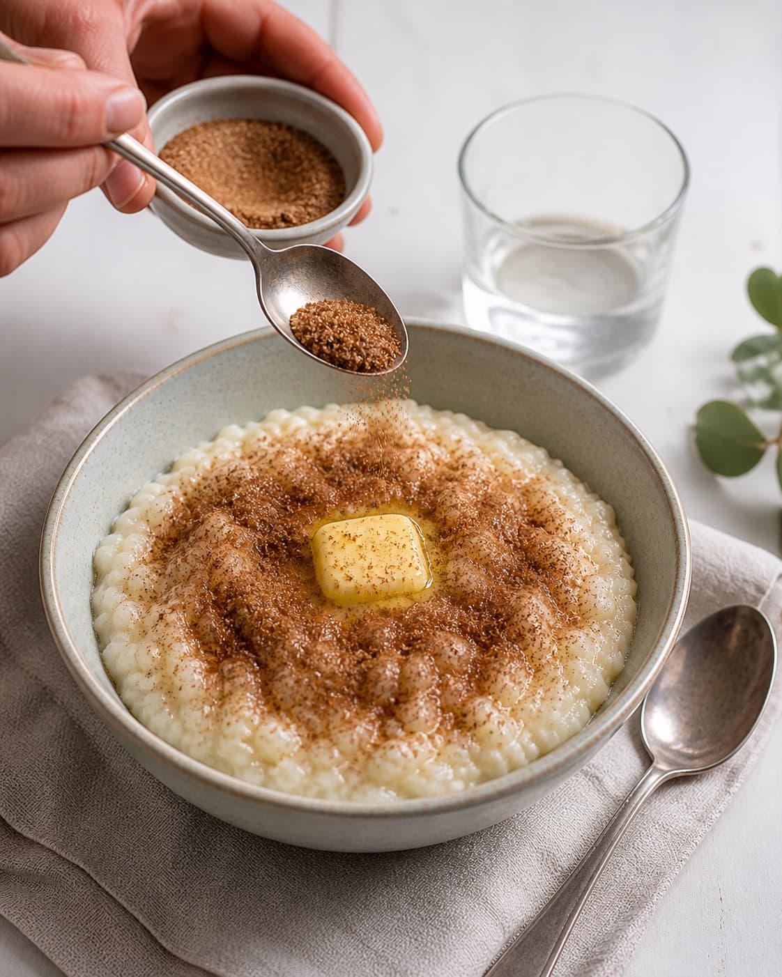 Warm rice porridge being finished with cinnamon sugar and one melting butter pat under tilberedningen af risengrød med kanel og smørklat