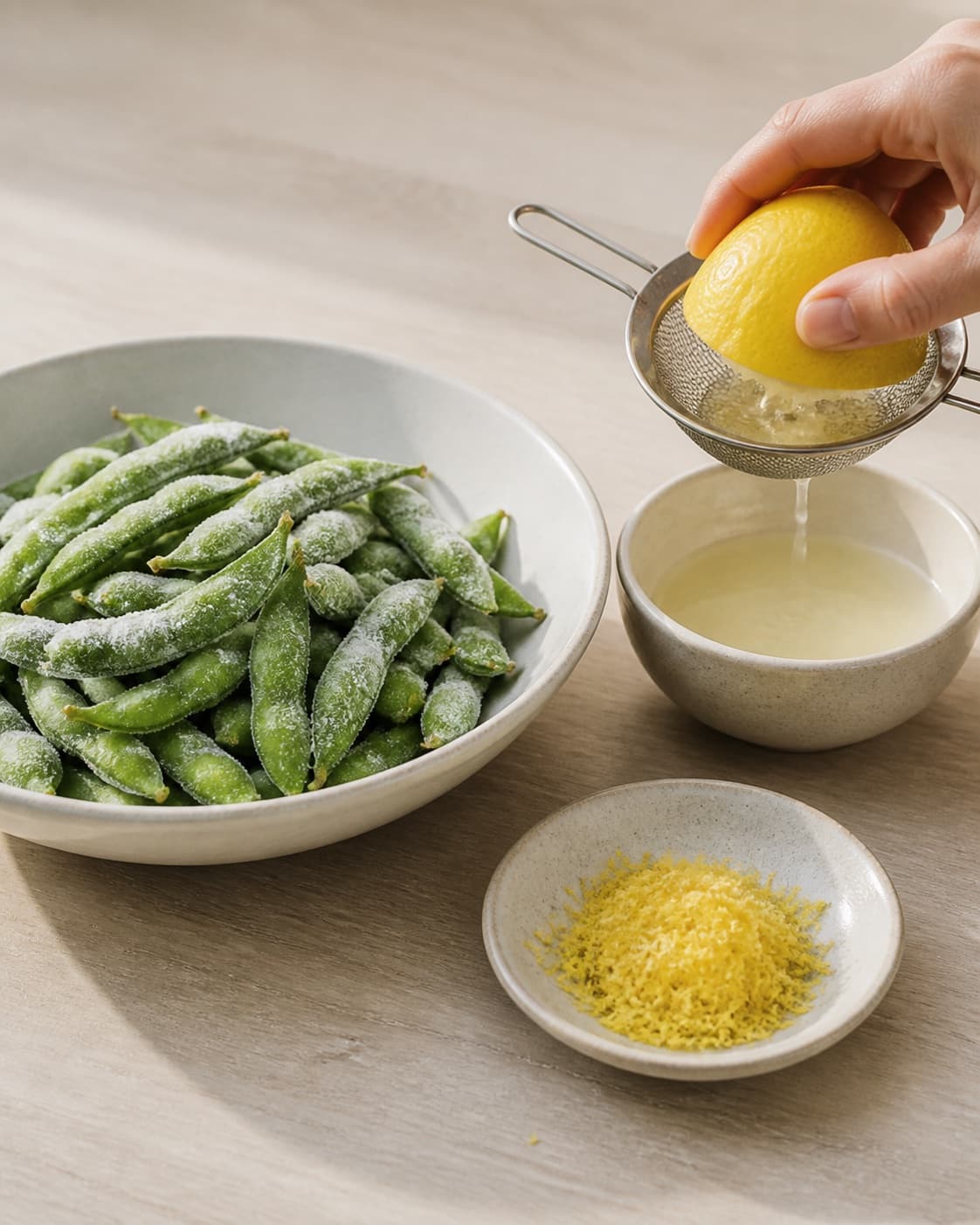Frozen whole green edamame pods beside finely grated yellow lemon zest and strained juice under tilberedningen af edamamebønner med citron og flagesalt