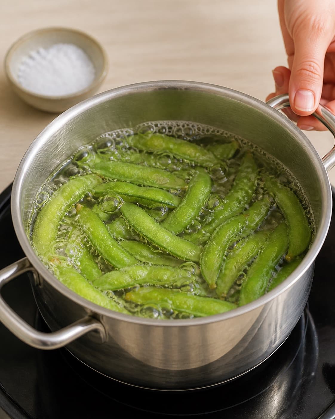 Whole edamame pods boiling briefly in clear salted water while staying bright green under tilberedningen af edamamebønner med citron og flagesalt