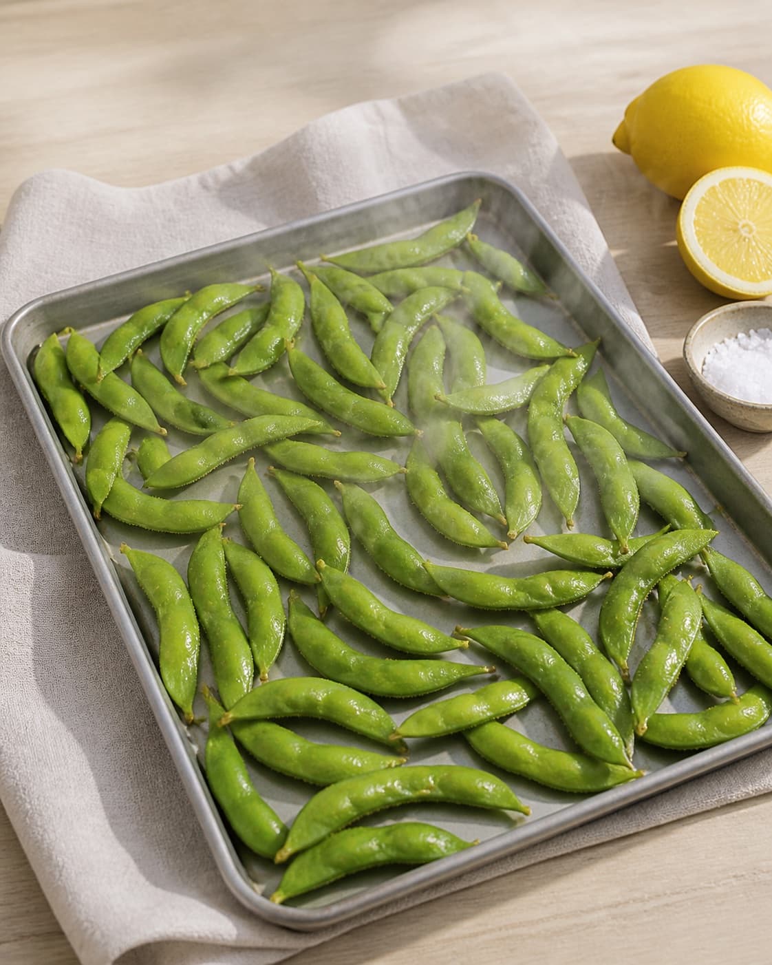 Hot bright whole edamame pods spread in one layer to steam dry under tilberedningen af edamamebønner med citron og flagesalt