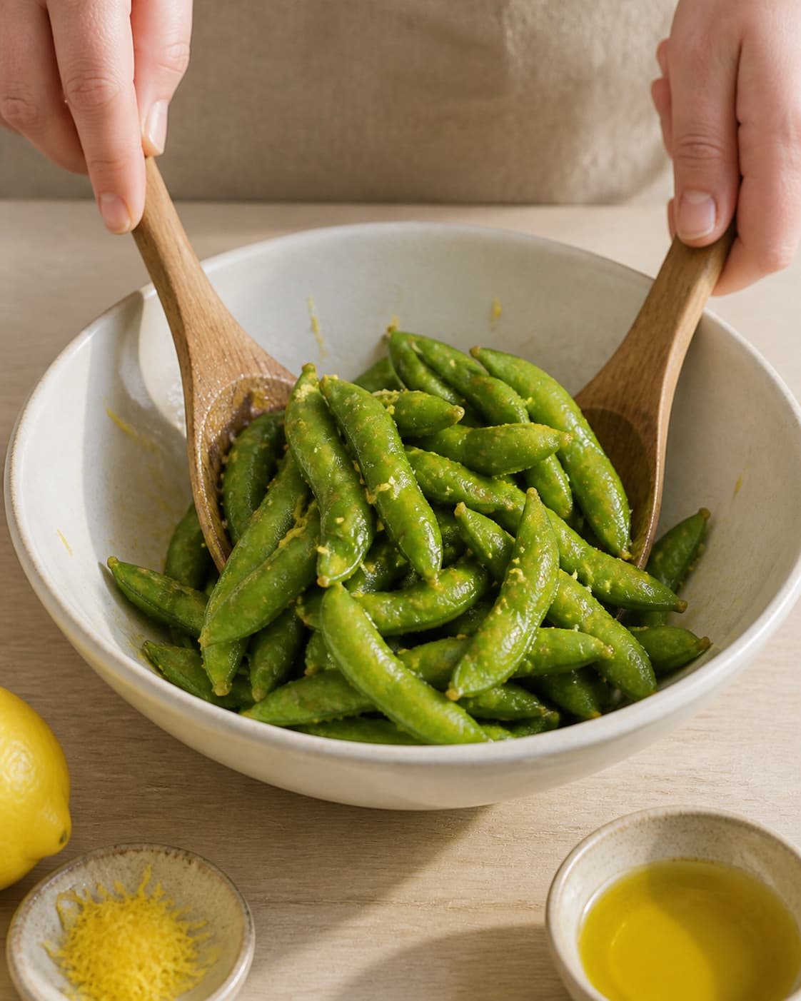 Warm whole edamame pods being tossed with olive oil lemon zest and fresh lemon juice under tilberedningen af edamamebønner med citron og flagesalt