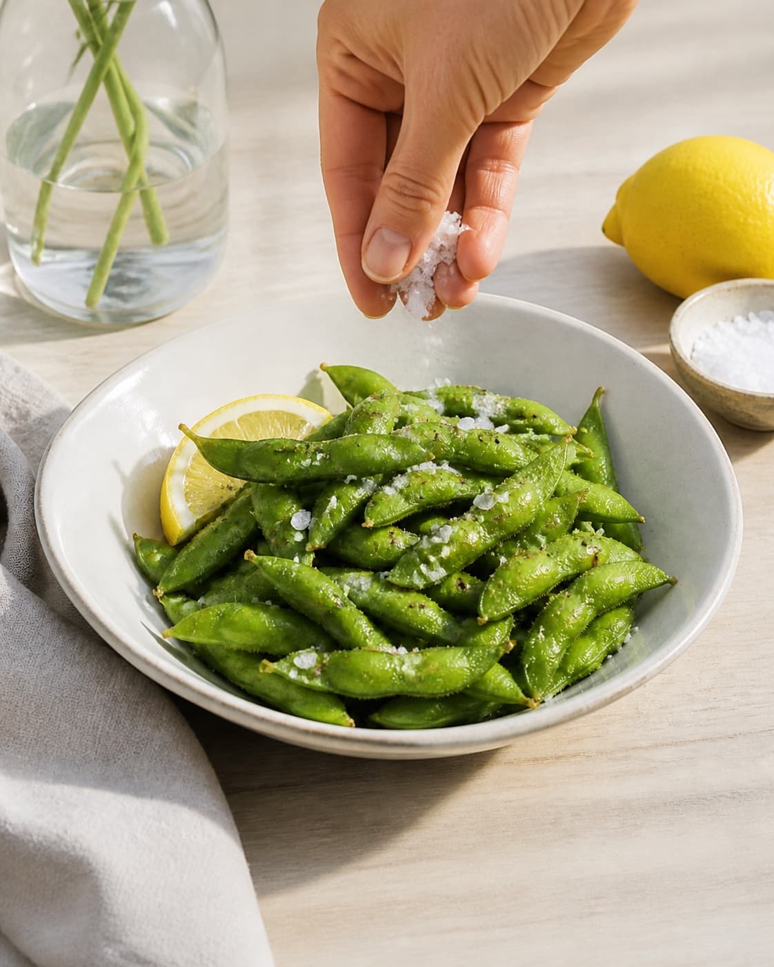 Lemon-seasoned bright whole edamame pods receiving a light even sprinkle of flaky salt under tilberedningen af edamamebønner med citron og flagesalt