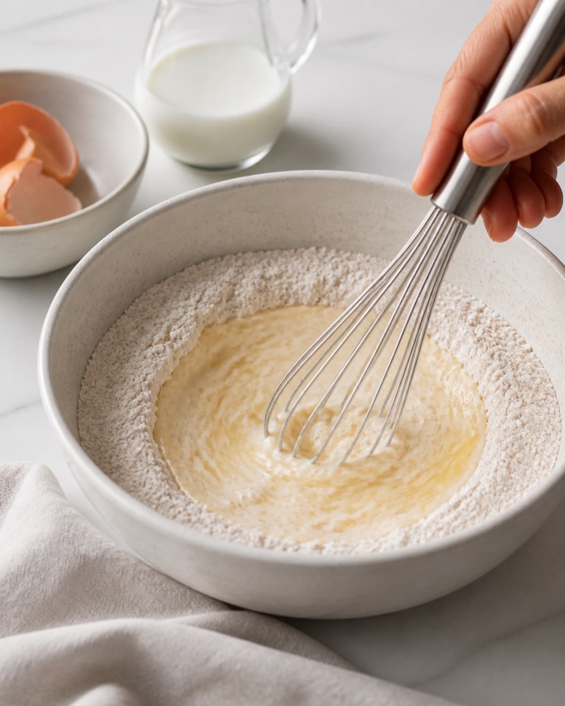 Egg and buttermilk being whisked briefly into buckwheat blini flour under tilberedningen af blinis med stenbiderrogn