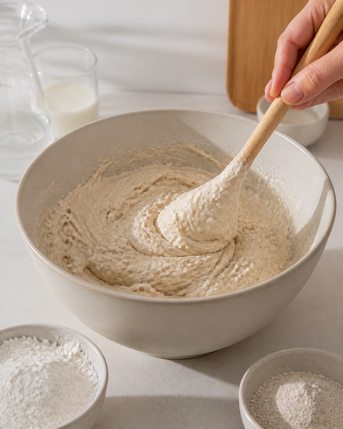 Soft seedless bread-roll dough being mixed from flour fine oat flour milk water and yeast under tilberedningen af babyvenlige boller uden kerner