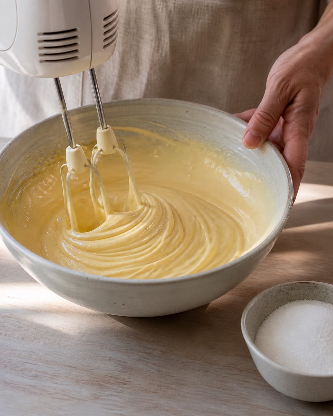 Pasteurised egg yolks and sugar being whipped pale and ribbon-thick under tilberedningen af tiramisu med espresso og mascarpone
