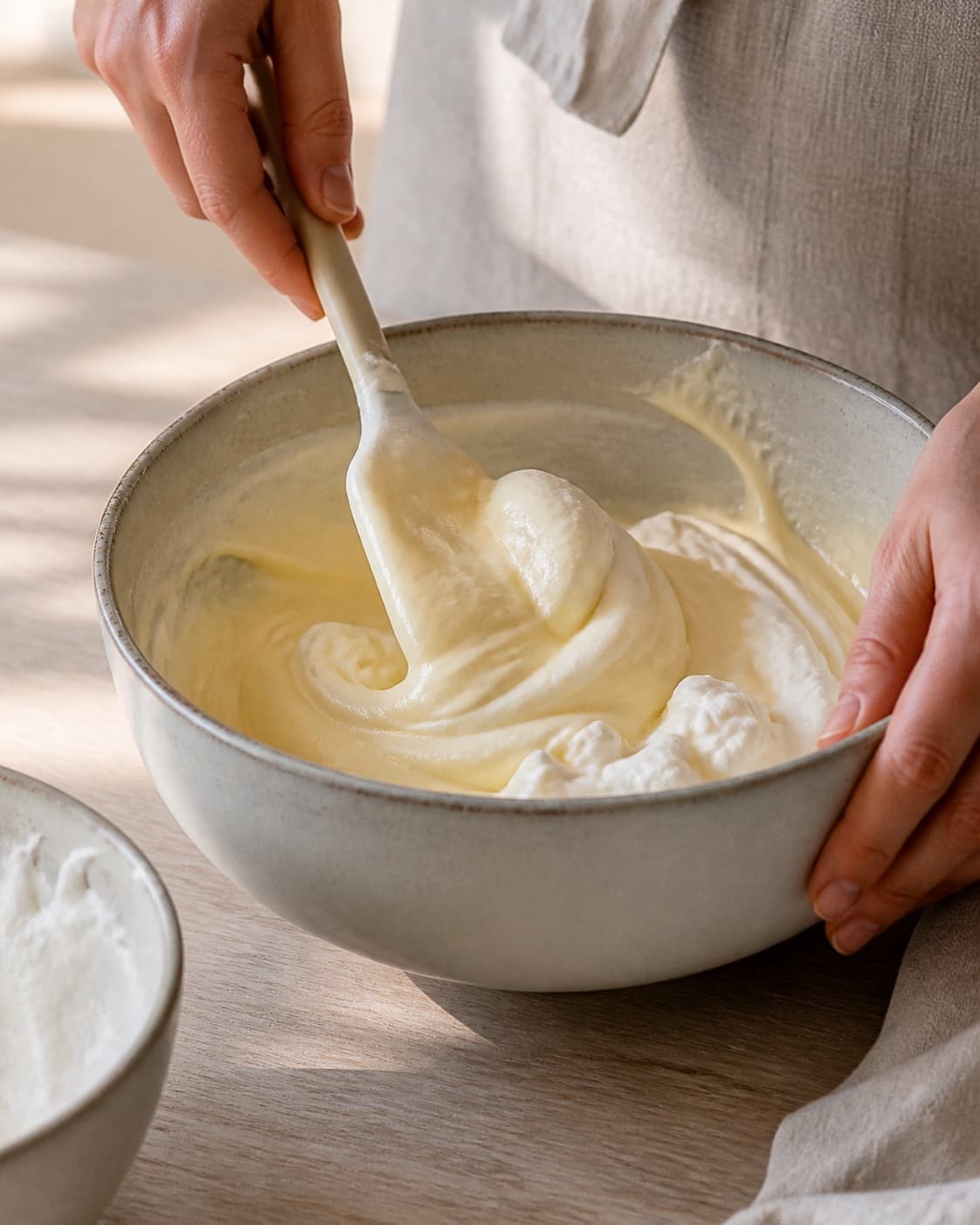 Mascarpone and softly whipped cream being folded into pale egg-yolk mixture under tilberedningen af tiramisu med espresso og mascarpone