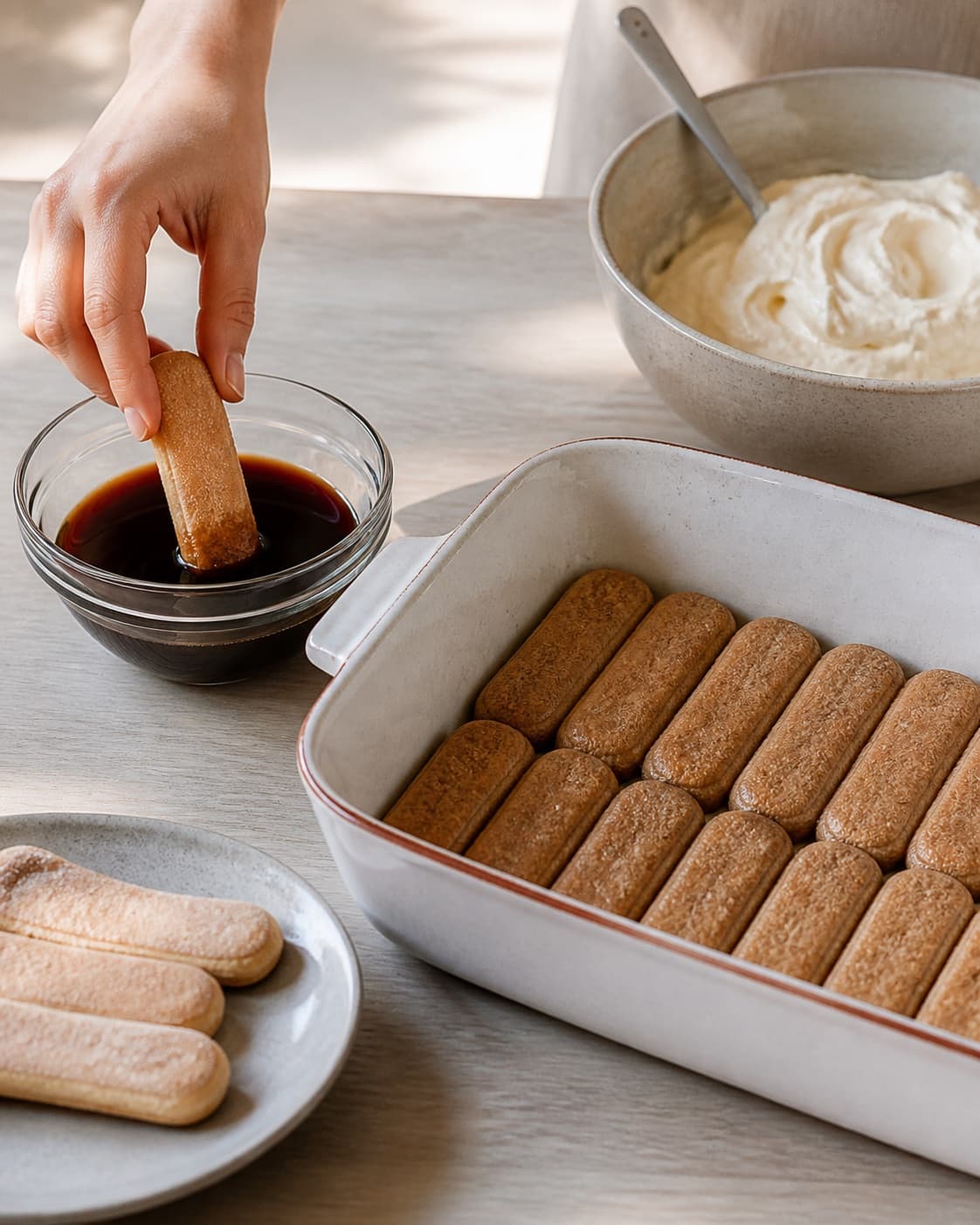 Ladyfingers being dipped briefly in cold espresso and arranged beneath mascarpone cream under tilberedningen af tiramisu med espresso og mascarpone