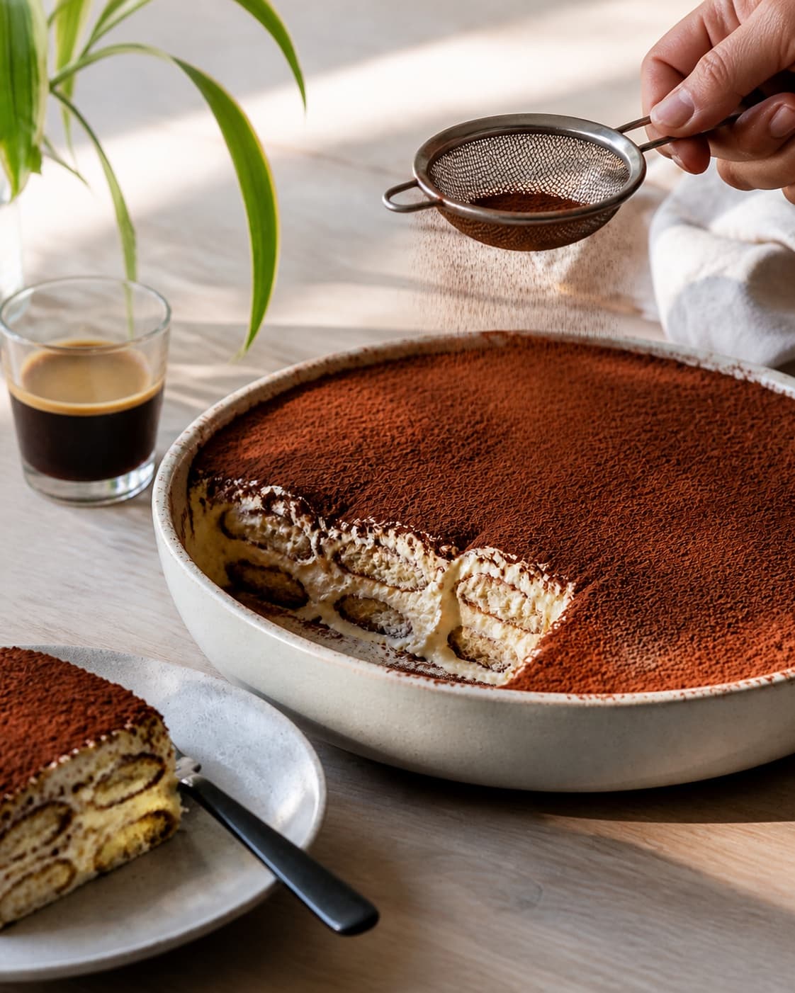 Fully chilled tiramisu receiving a thin even dusting of dark cocoa before serving under tilberedningen af tiramisu med espresso og mascarpone