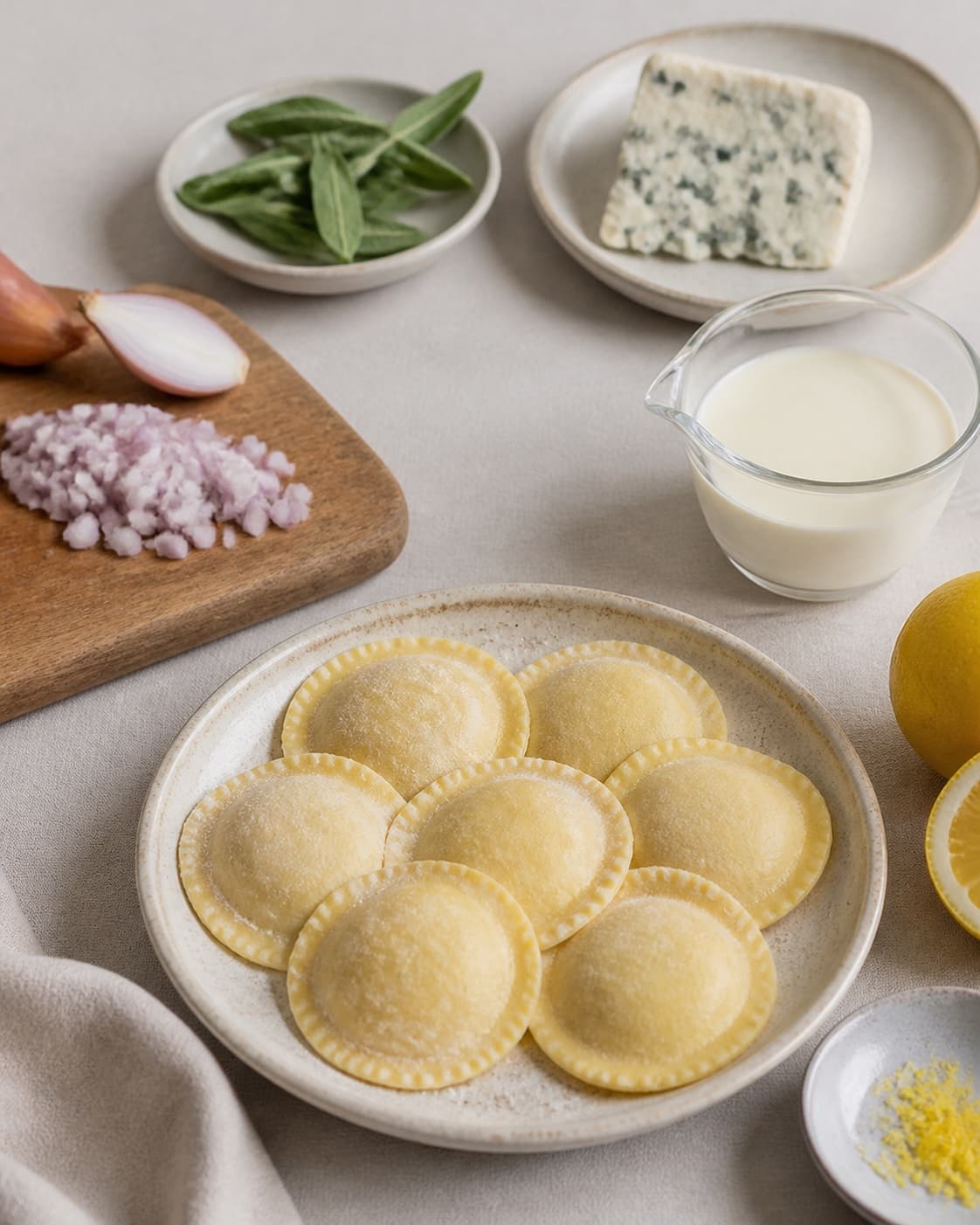 Gorgonzola shallot sage lemon cream and intact fresh ravioli prepared separately under tilberedningen af ravioli med gorgonzolasauce