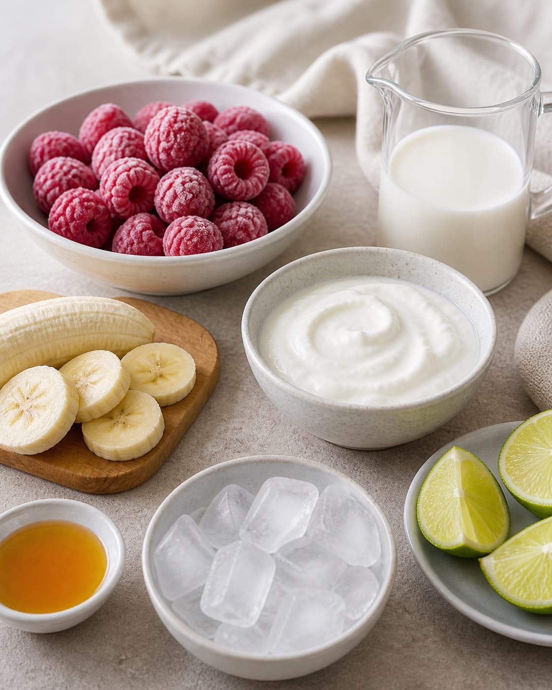 Frozen raspberries ice ripe bananas skyr milk honey and lime prepared separately under tilberedningen af hindbærsmoothie med vanilje