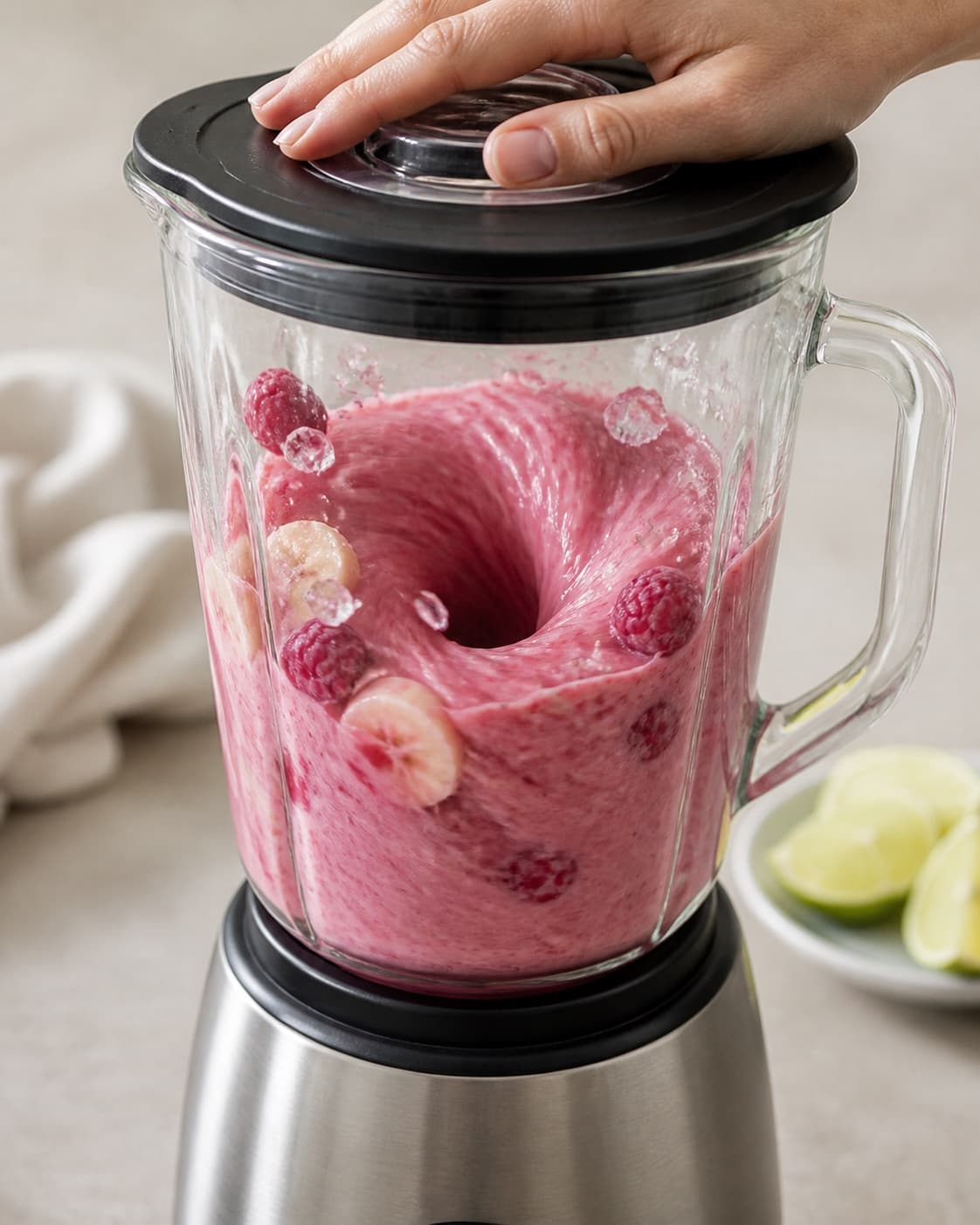 Frozen raspberries banana and ice blending into a vivid smooth pink vortex under tilberedningen af hindbærsmoothie med vanilje
