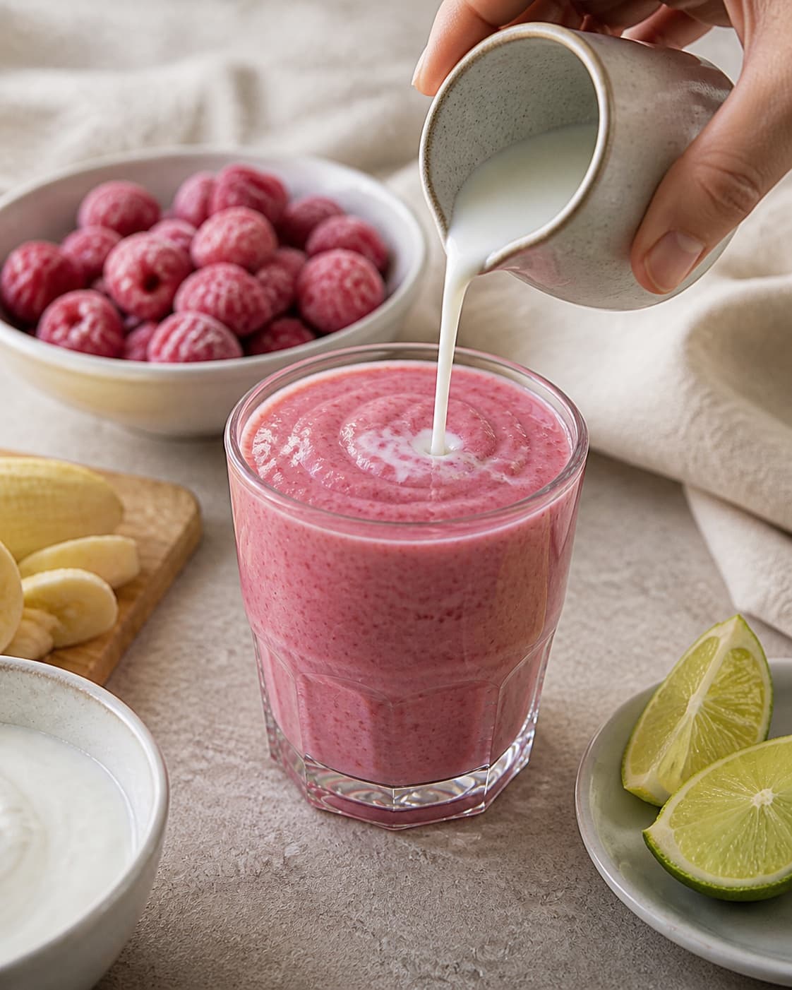 A thick raspberry smoothie being checked and adjusted with a small splash of milk under tilberedningen af hindbærsmoothie med vanilje
