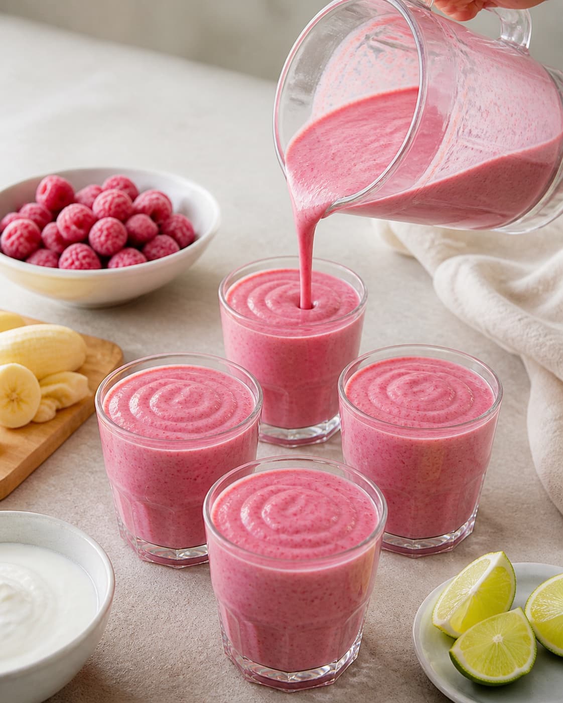 Vivid pink raspberry smoothie being poured evenly into exactly four chilled glasses under tilberedningen af hindbærsmoothie med vanilje