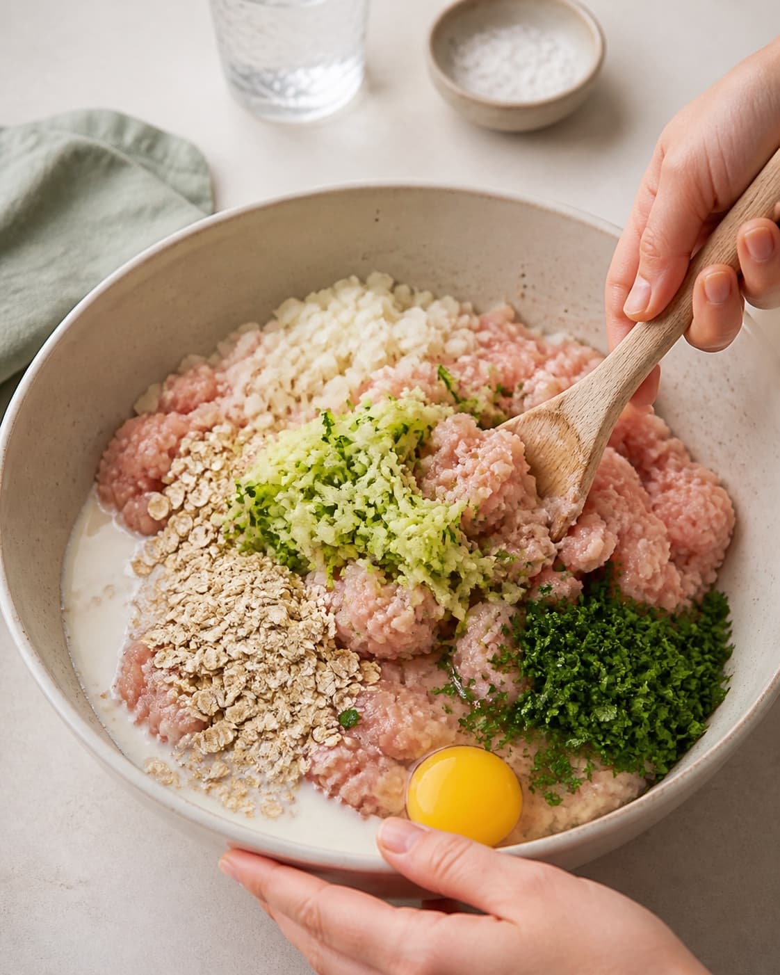 Cold minced chicken being mixed with squeezed zucchini onion egg oats milk and parsley under tilberedningen af kyllingefrikadeller med squash
