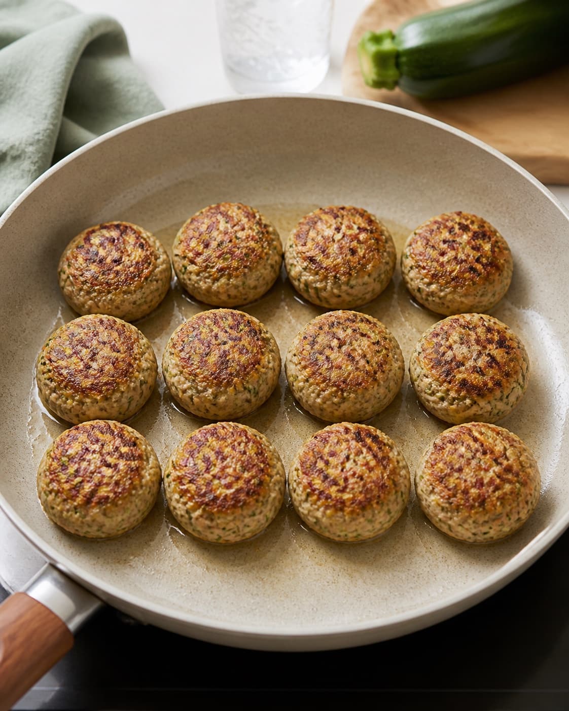 Exactly twelve chicken zucchini patties being shaped and browned in a thin film of oil under tilberedningen af kyllingefrikadeller med squash