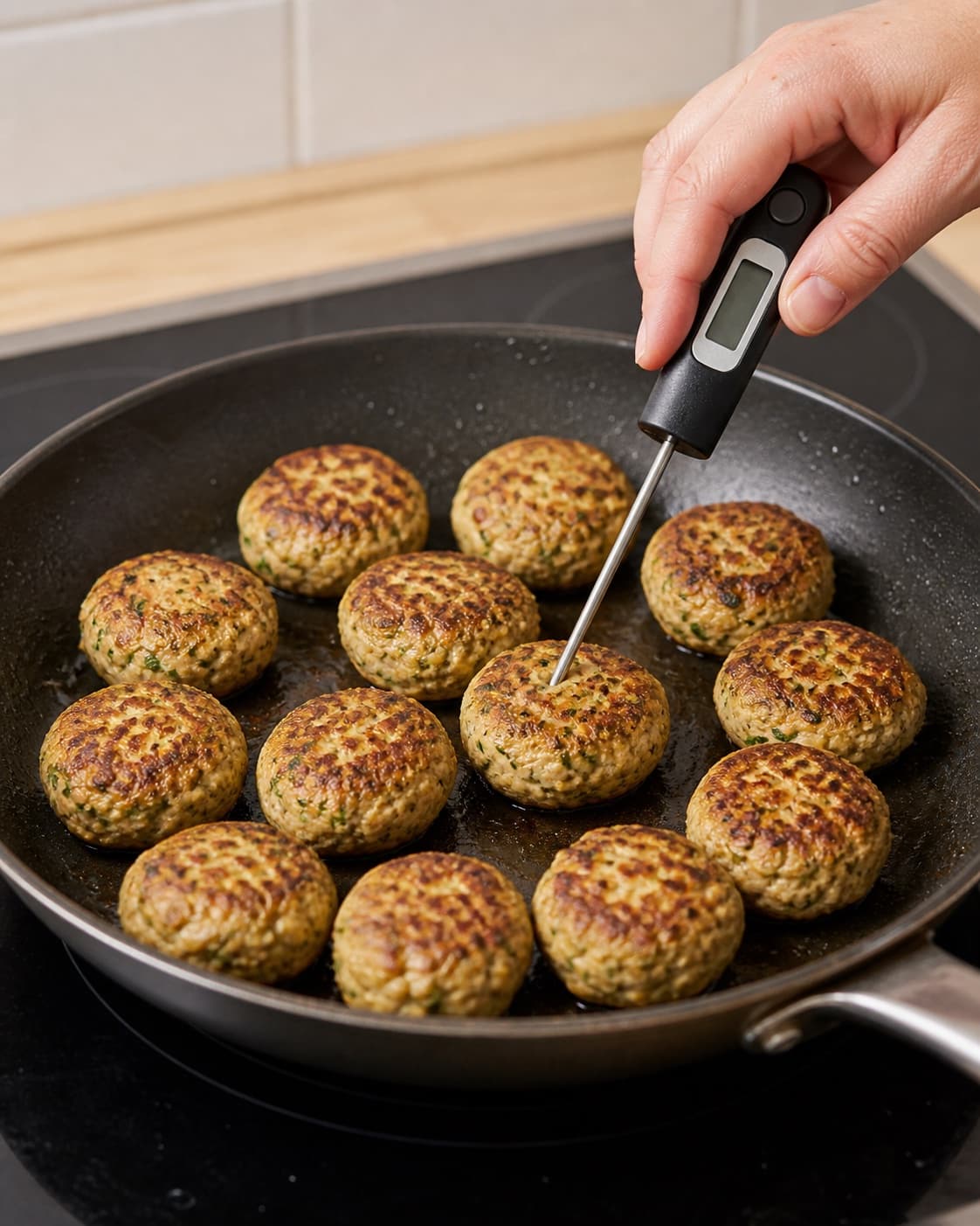 Golden chicken zucchini patties finishing to a checked centre temperature of 75 degrees Celsius under tilberedningen af kyllingefrikadeller med squash