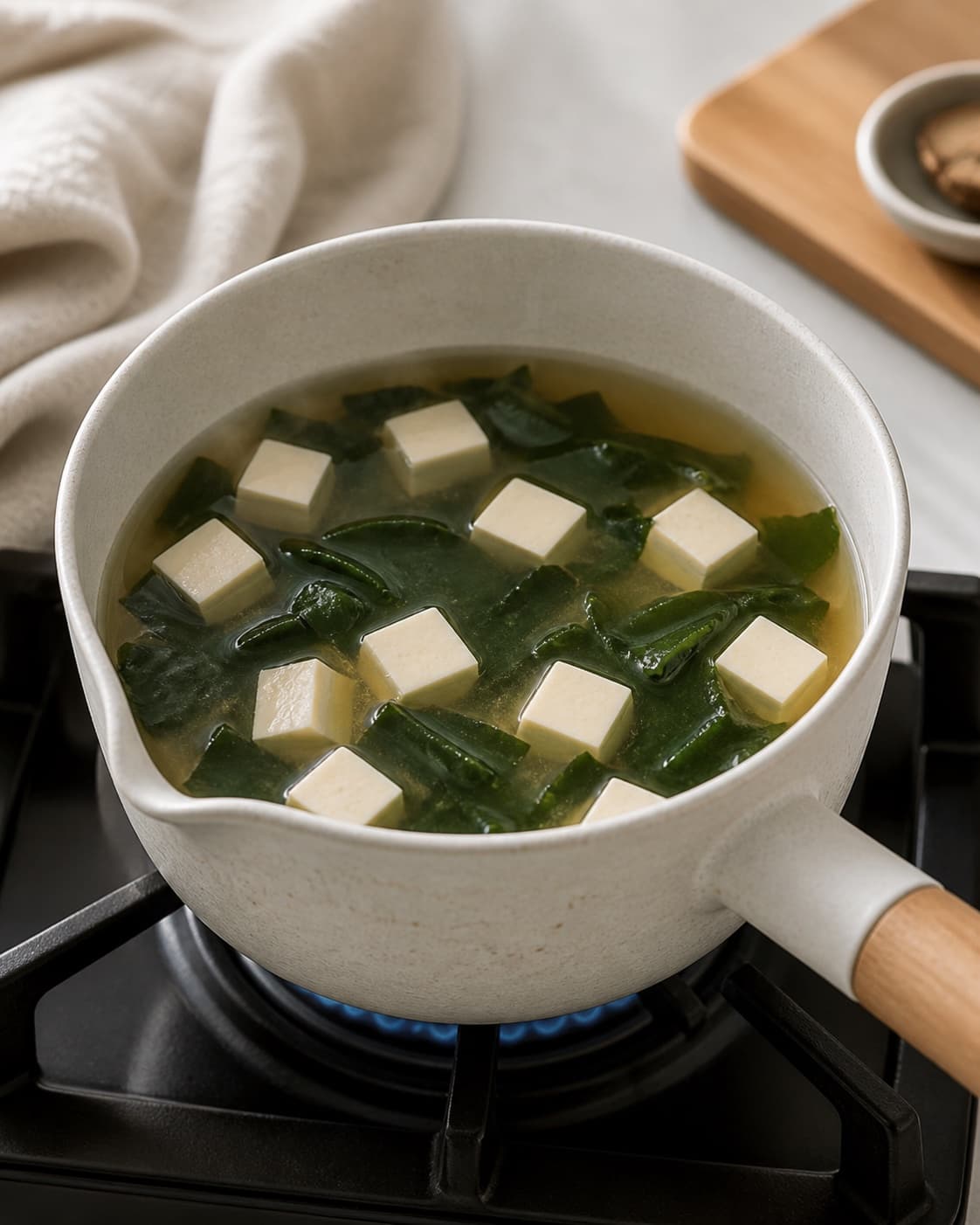 Silken tofu cubes and wakame warming gently in clear dashi without boiling under tilberedningen af misosuppe med tofu og wakame