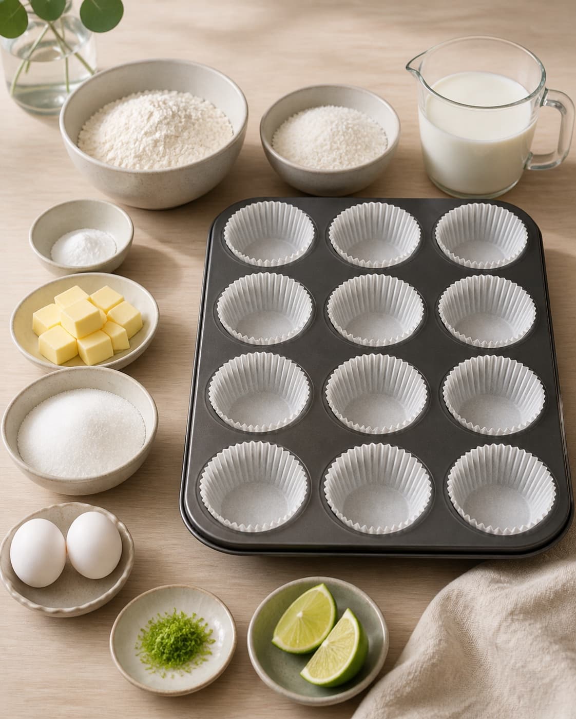 Exactly twelve lined muffin cups beside separately measured flour coconut baking powder butter sugar eggs coconut milk and lime under tilberedningen af kokosmuffins