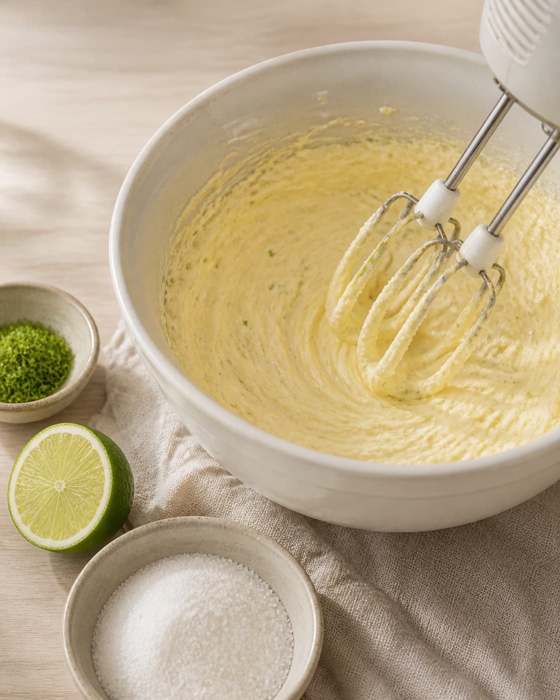 Butter sugar and lime zest being whipped pale before eggs are added one at a time under tilberedningen af kokosmuffins