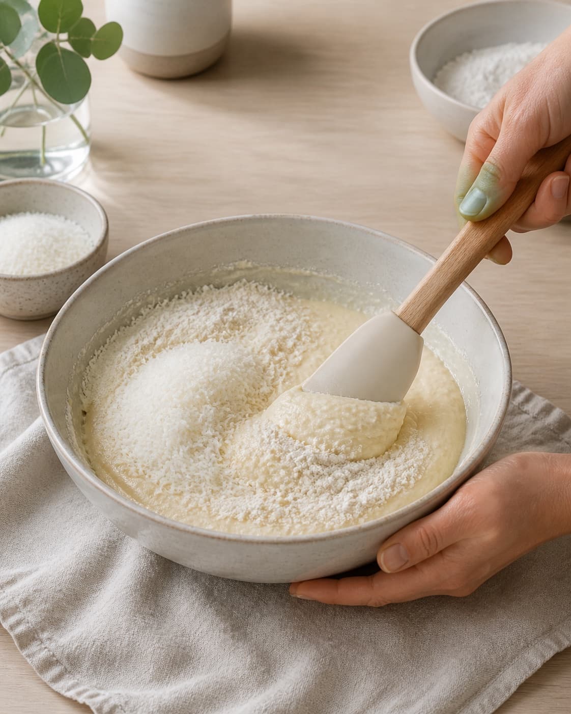 Flour and fine coconut being folded gently into pale batter alternating with coconut milk under tilberedningen af kokosmuffins