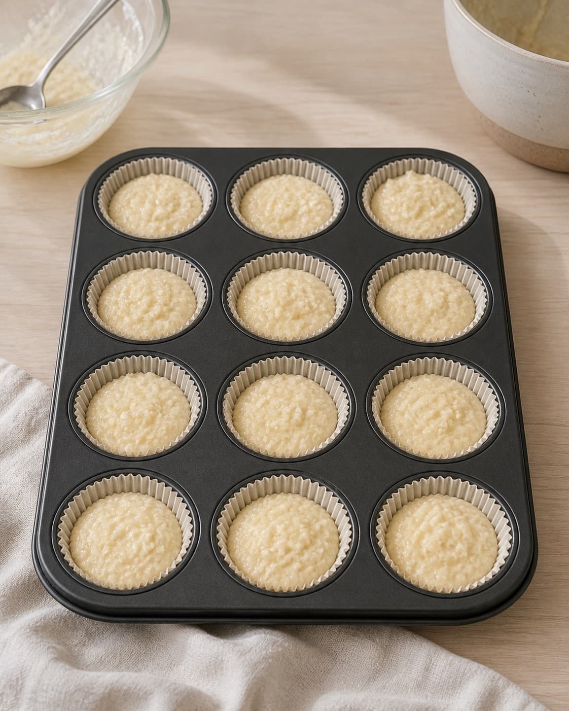 Coconut muffin batter being portioned evenly into exactly twelve paper cases in a clear 3 by 4 tray under tilberedningen af kokosmuffins