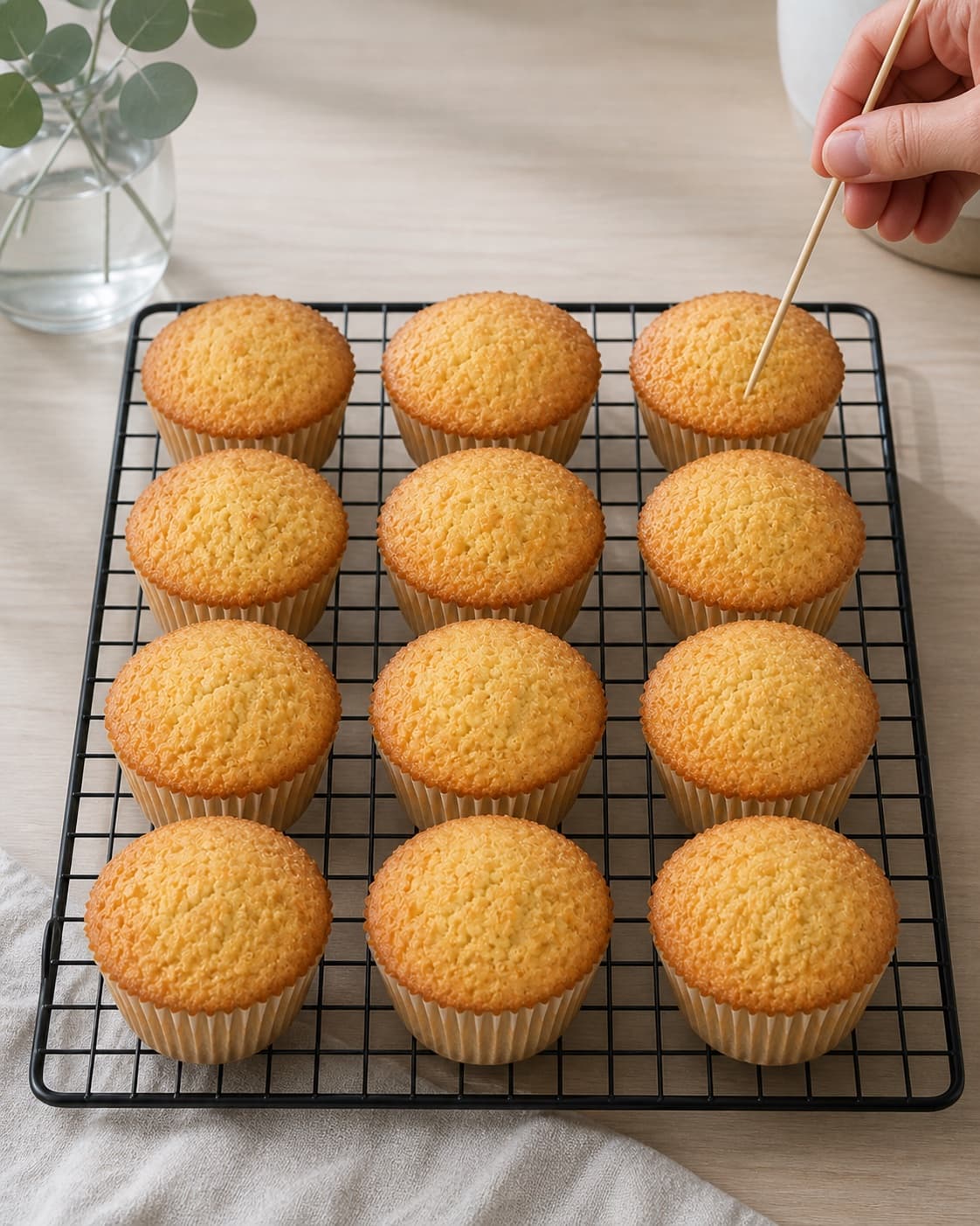 Exactly twelve lightly golden coconut muffins being tested with a skewer and cooling on a rack under tilberedningen af kokosmuffins