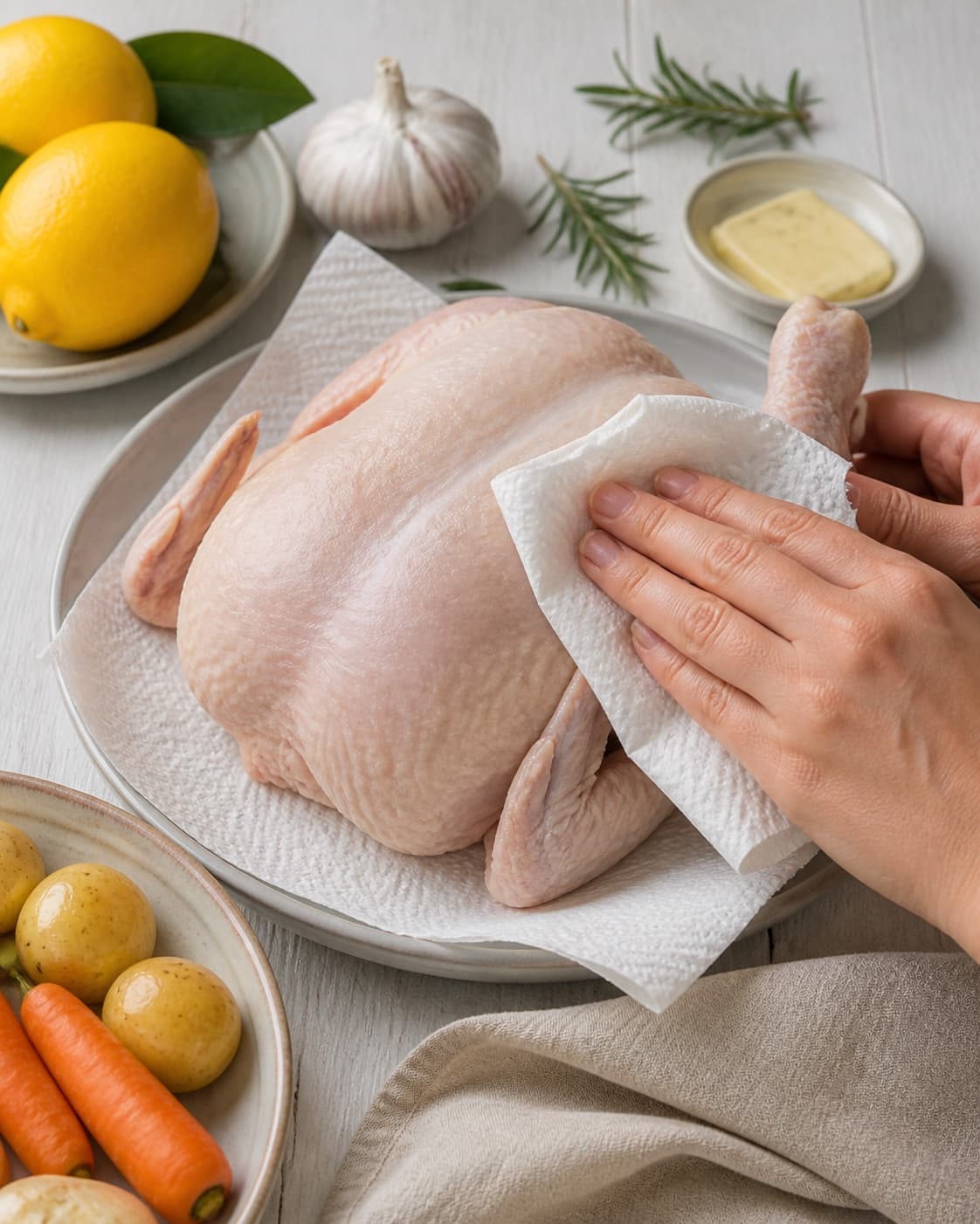 Whole raw chicken being dried beside lemon rosemary garlic and seasoned butter, with vegetables separate under tilberedningen af ovnstegt kylling med citron og rosmarin