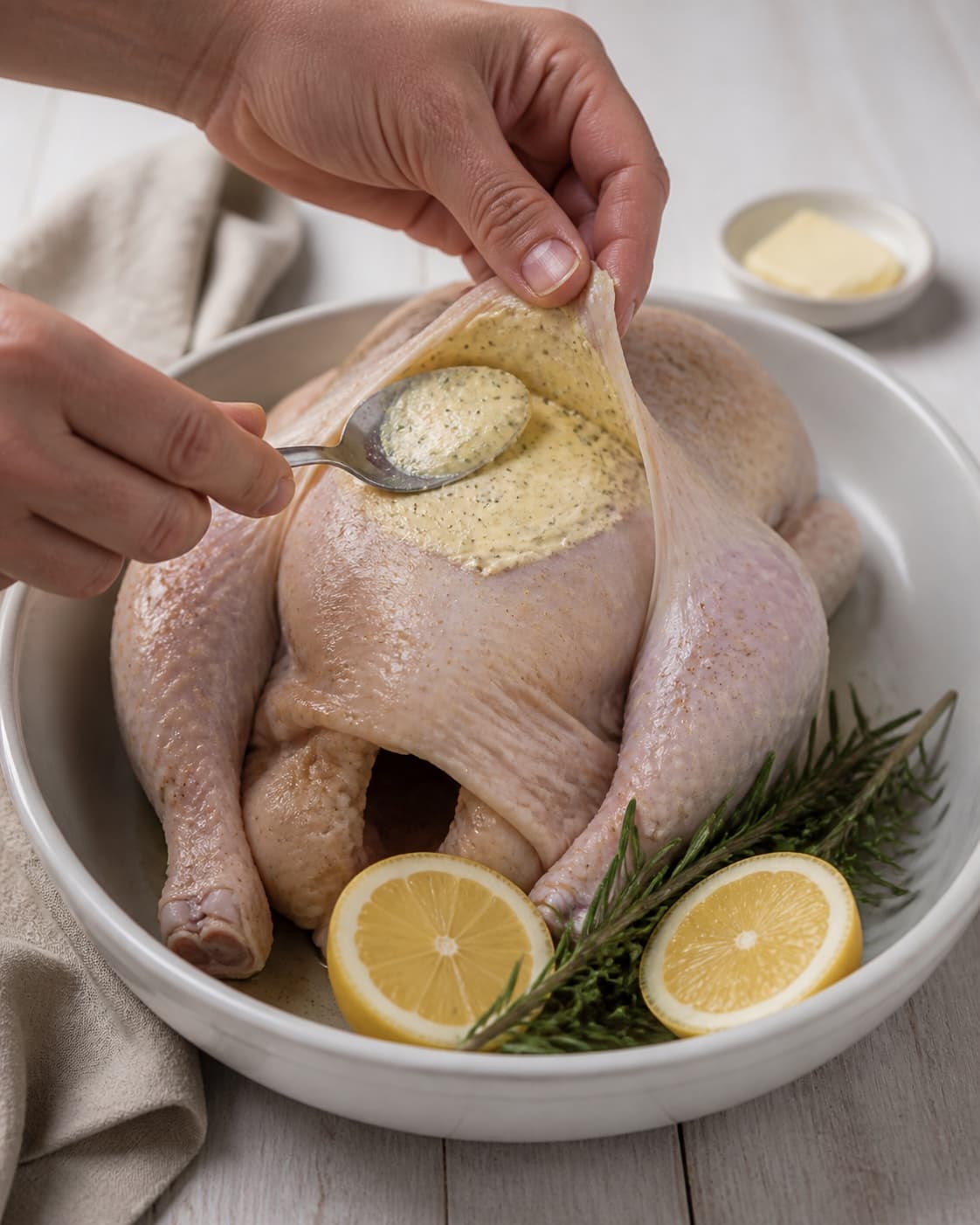 Seasoned butter being spread under intact chicken breast skin, with lemon halves and rosemary ready for the cavity under tilberedningen af ovnstegt kylling med citron og rosmarin