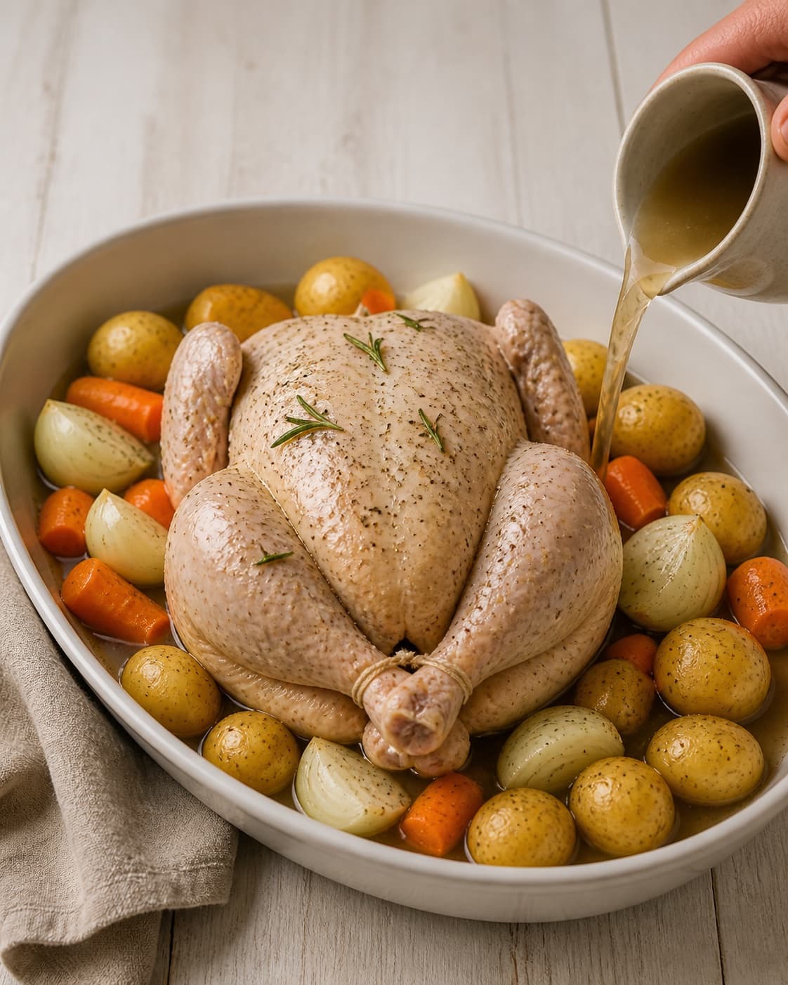 Seasoned whole chicken placed breast-up on onion carrot and potato with stock poured only around the vegetables under tilberedningen af ovnstegt kylling med citron og rosmarin