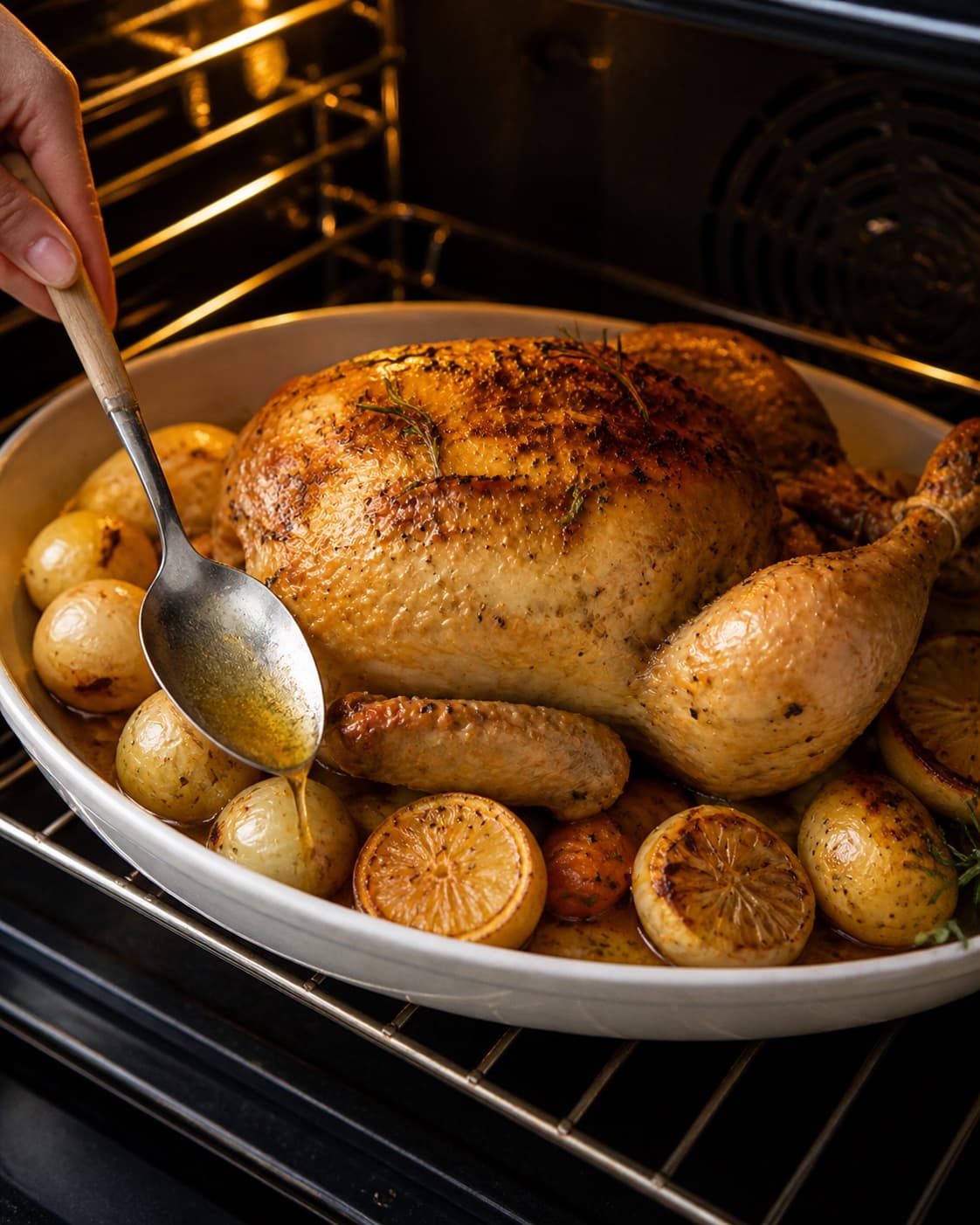 Whole lemon rosemary chicken roasting golden over vegetables, with pan juices spooned only over the vegetables under tilberedningen af ovnstegt kylling med citron og rosmarin