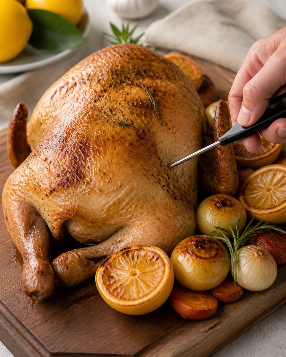Golden whole roast chicken resting uncovered while a thermometer checks the thickest thigh, vegetables and pan juices beside it under tilberedningen af ovnstegt kylling med citron og rosmarin