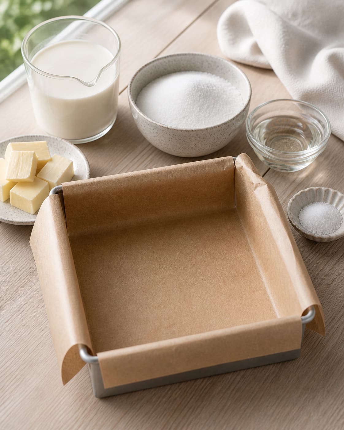 Lined square tin beside separately measured cream sugar glucose butter and salt, no caramel yet under tilberedningen af saltkarameller - flødekarameller