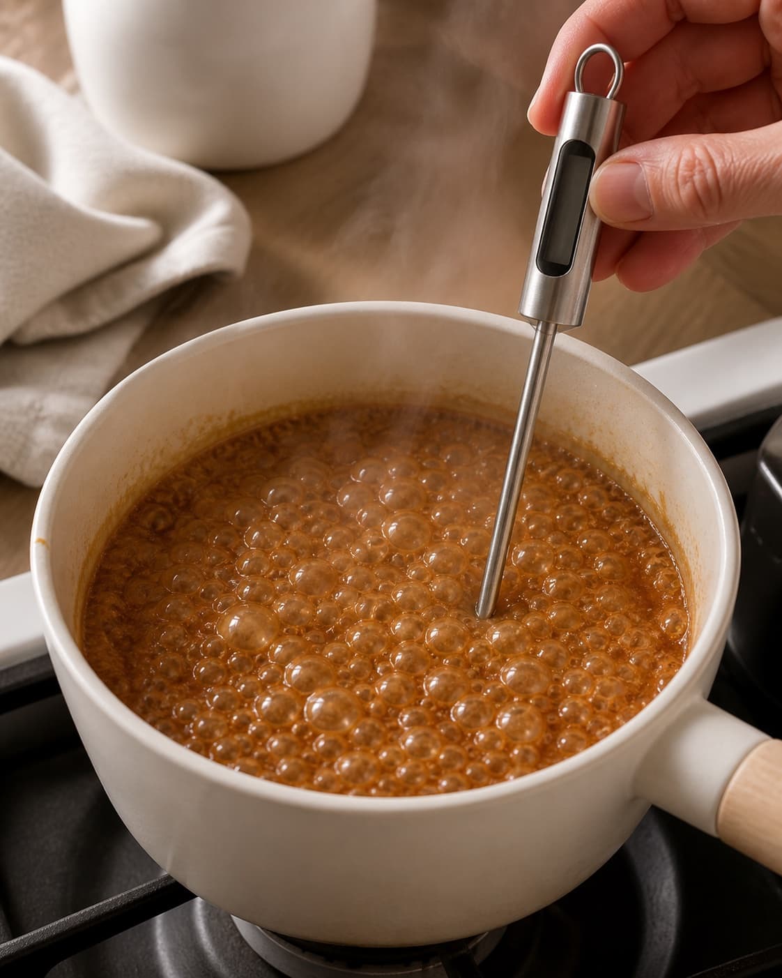 Glossy cream caramel bubbling steadily while a sugar thermometer clearly measures the finished consistency under tilberedningen af saltkarameller - flødekarameller