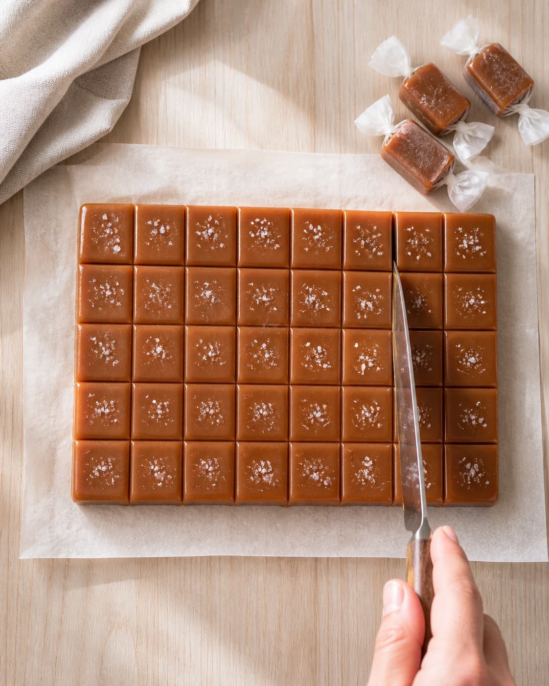 Set slab of salted cream caramel being cut into forty neat equal pieces, with a few wrapped pieces beside it under tilberedningen af saltkarameller - flødekarameller
