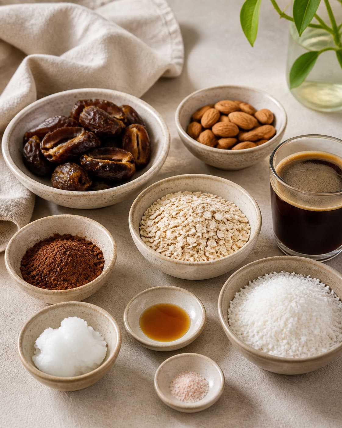 Pitted soft dates beside measured almonds oats cocoa cooled coffee coconut oil vanilla salt and shredded coconut under tilberedningen af dadelkugler