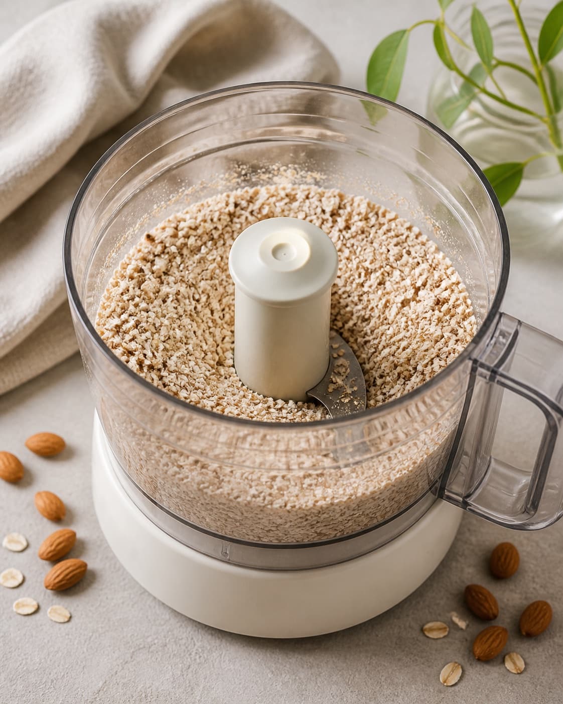 Almonds and oats being pulse-chopped into even coarse crumbs in a food processor, no dates yet under tilberedningen af dadelkugler