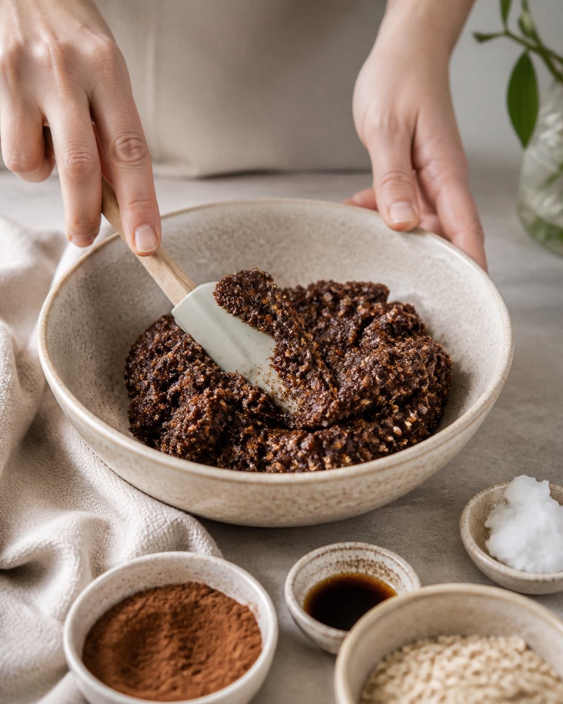 Dates cocoa coconut oil vanilla and small additions of coffee blending with almond oat crumbs into a dark cohesive mixture under tilberedningen af dadelkugler