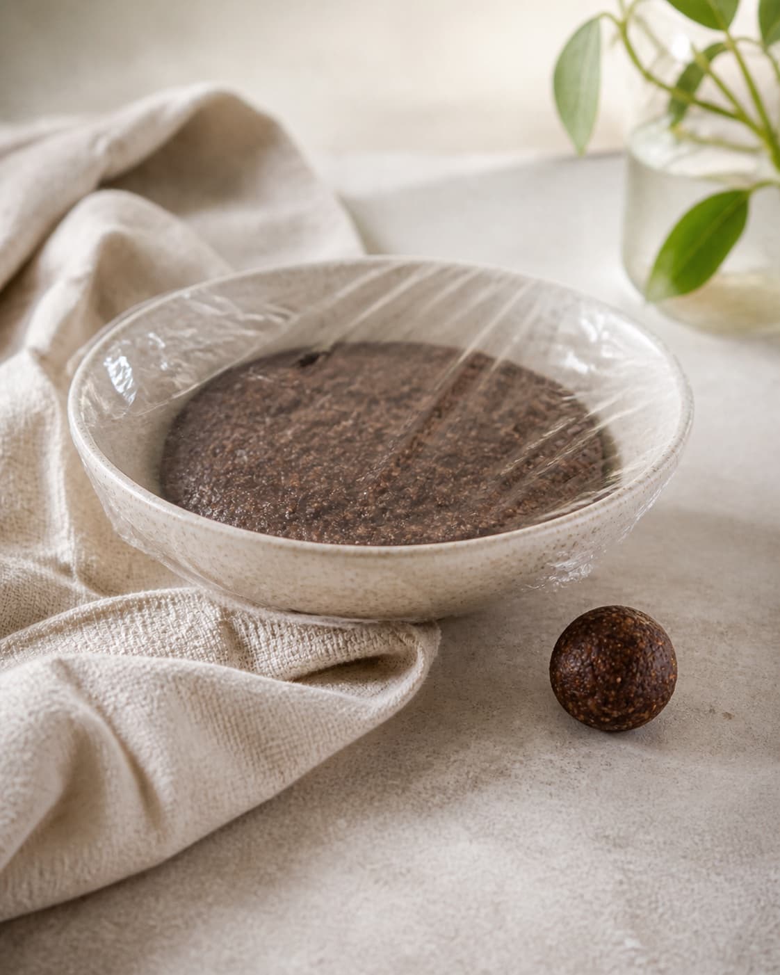 Covered dark date cocoa mixture chilling in a bowl with exactly one small test ball beside it, no finished batch under tilberedningen af dadelkugler