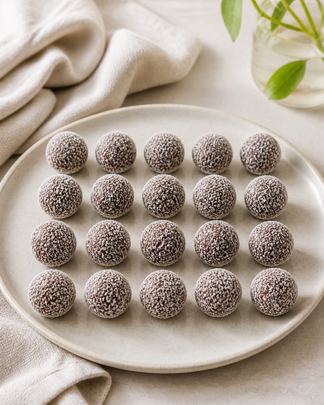 Exactly twenty equal date cocoa balls arranged in four rows of five, each lightly coated in shredded coconut under tilberedningen af dadelkugler