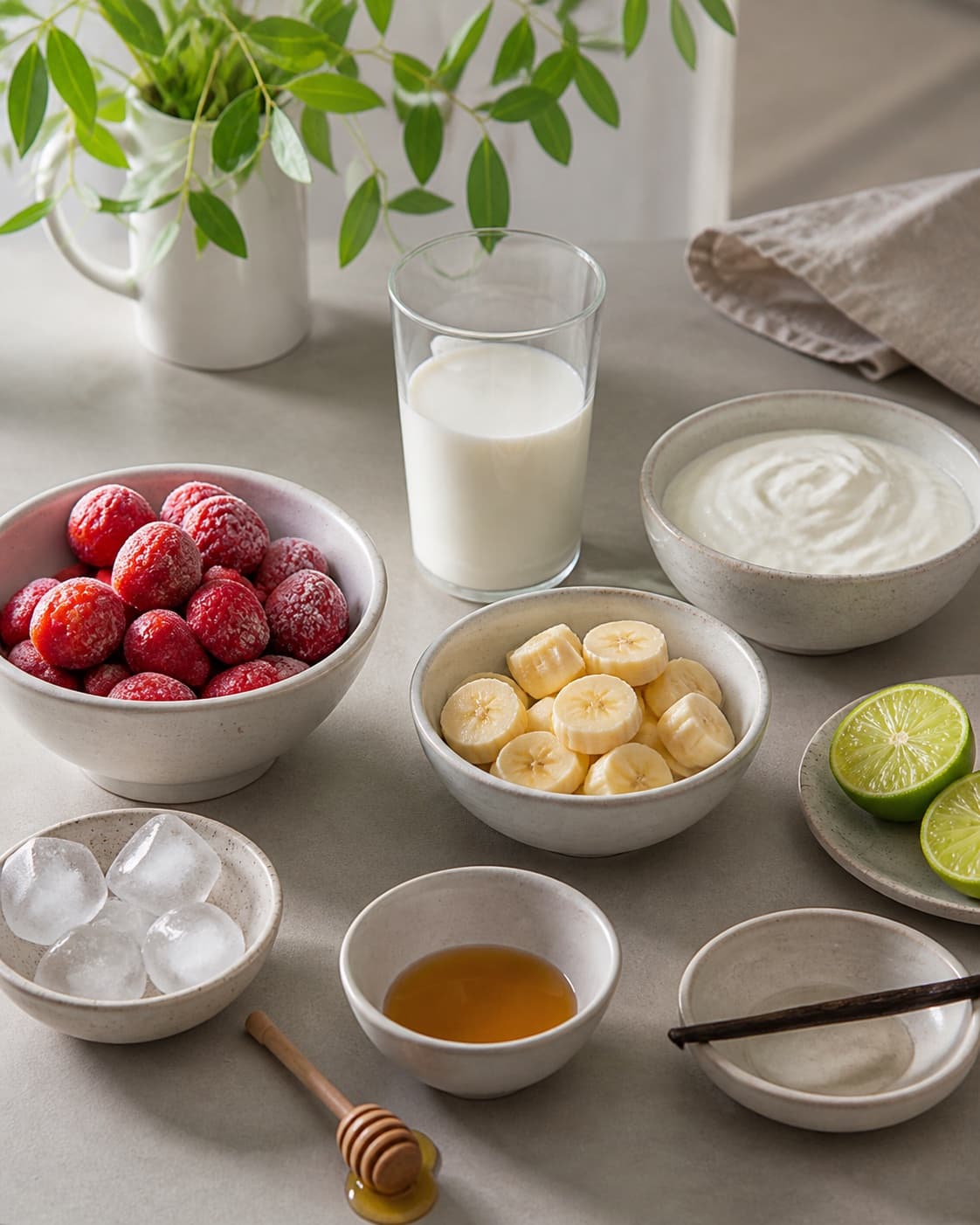Frozen strawberries ice ripe bananas skyr milk honey vanilla and lime prepared separately under tilberedningen af jordbærsmoothie