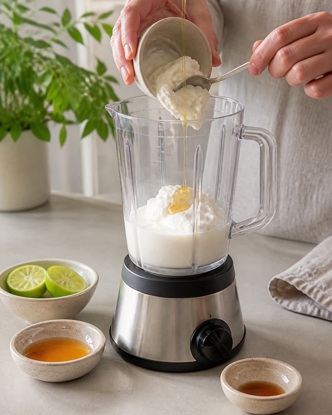 Milk skyr lime honey and vanilla being added to a blender before any fruit or ice under tilberedningen af jordbærsmoothie