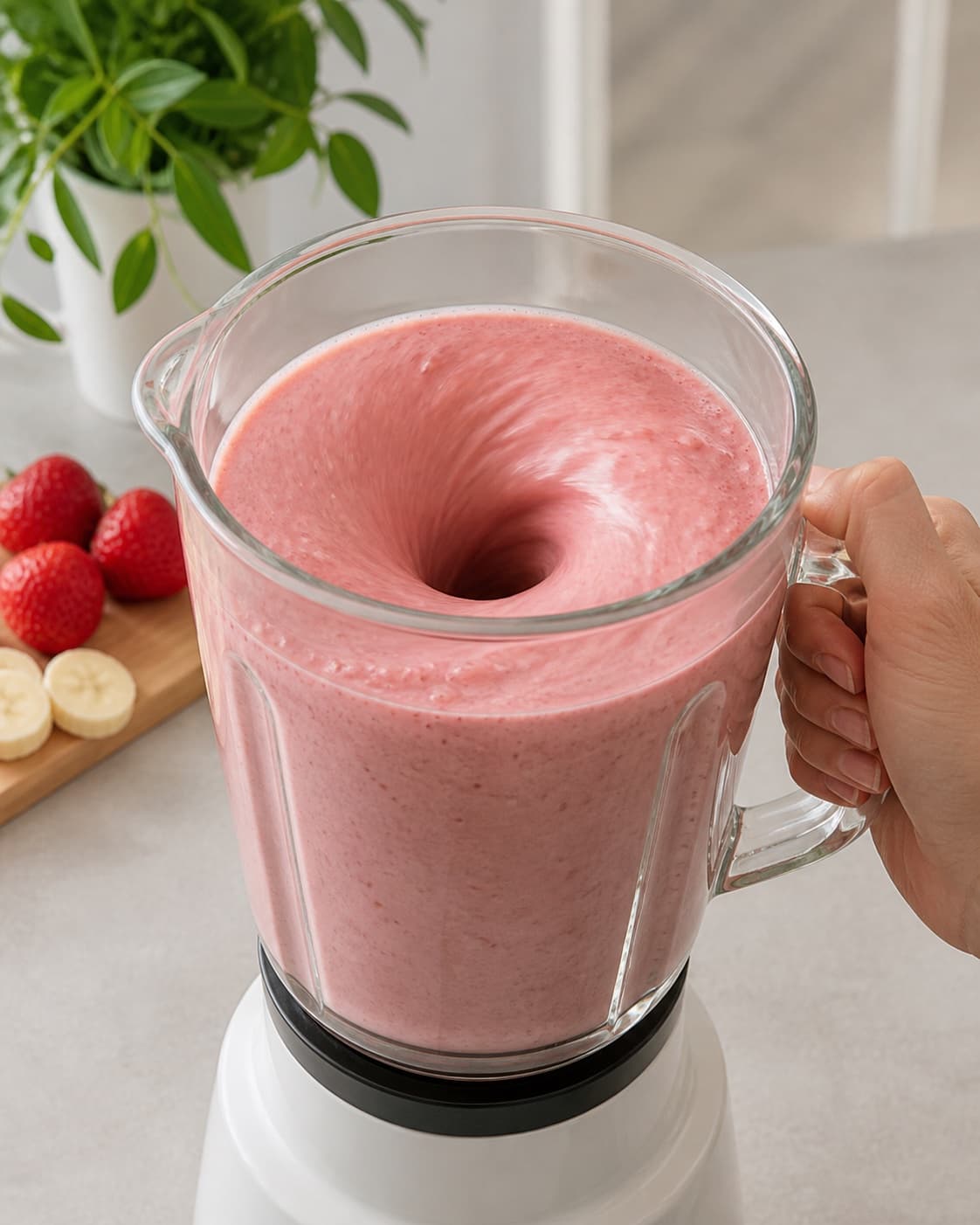 Frozen strawberries banana and ice actively blending into a smooth pale-red vortex under tilberedningen af jordbærsmoothie