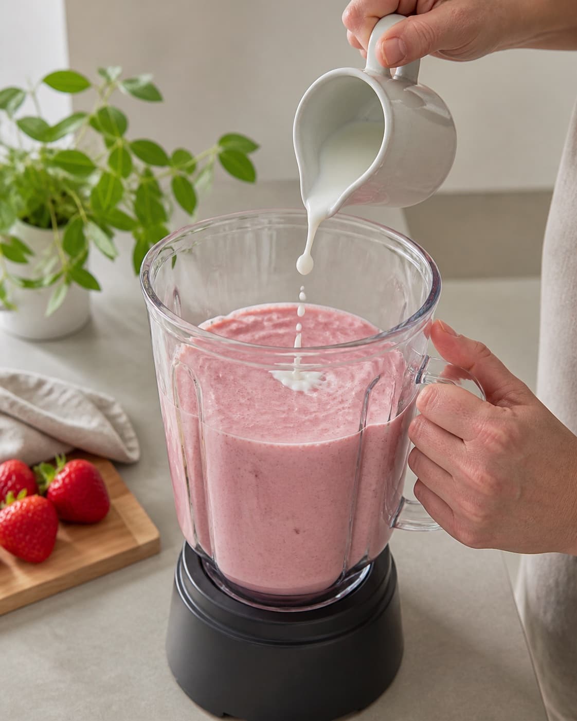 Thick strawberry smoothie being checked and adjusted with one small splash of milk, no serving glasses under tilberedningen af jordbærsmoothie