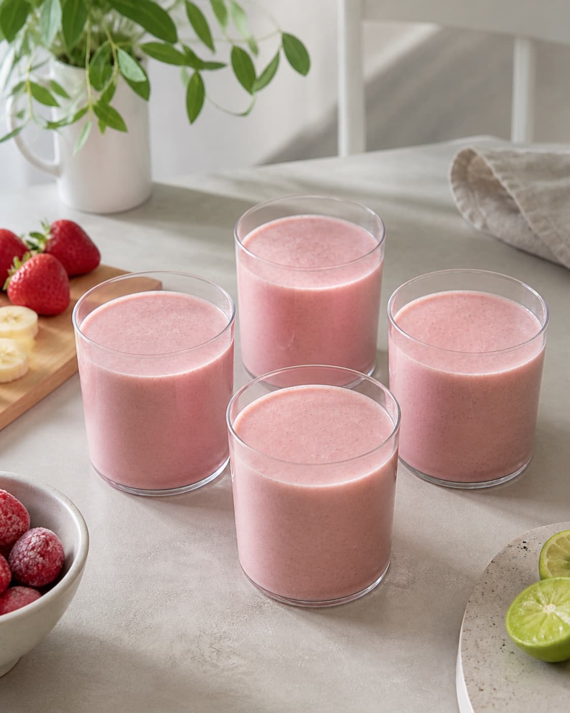 Exactly four fully visible chilled glasses evenly filled with pink strawberry smoothie, no garnish or straws under tilberedningen af jordbærsmoothie