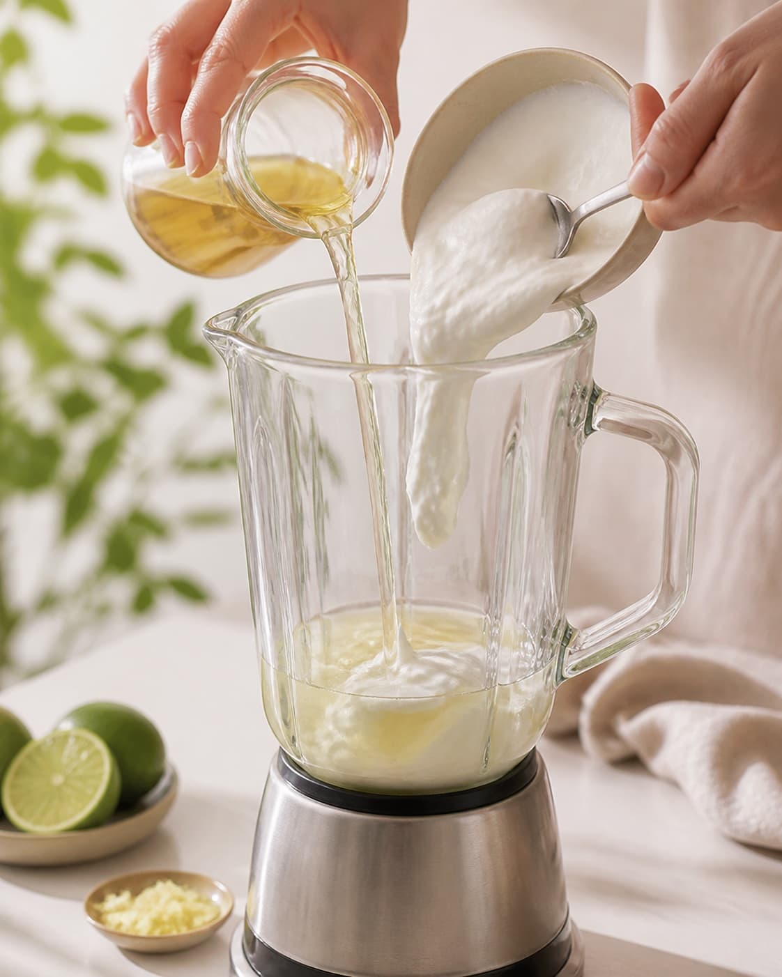 Apple juice skyr lime and finely grated ginger being added to a blender before avocado spinach banana or ice under tilberedningen af avocado smoothie