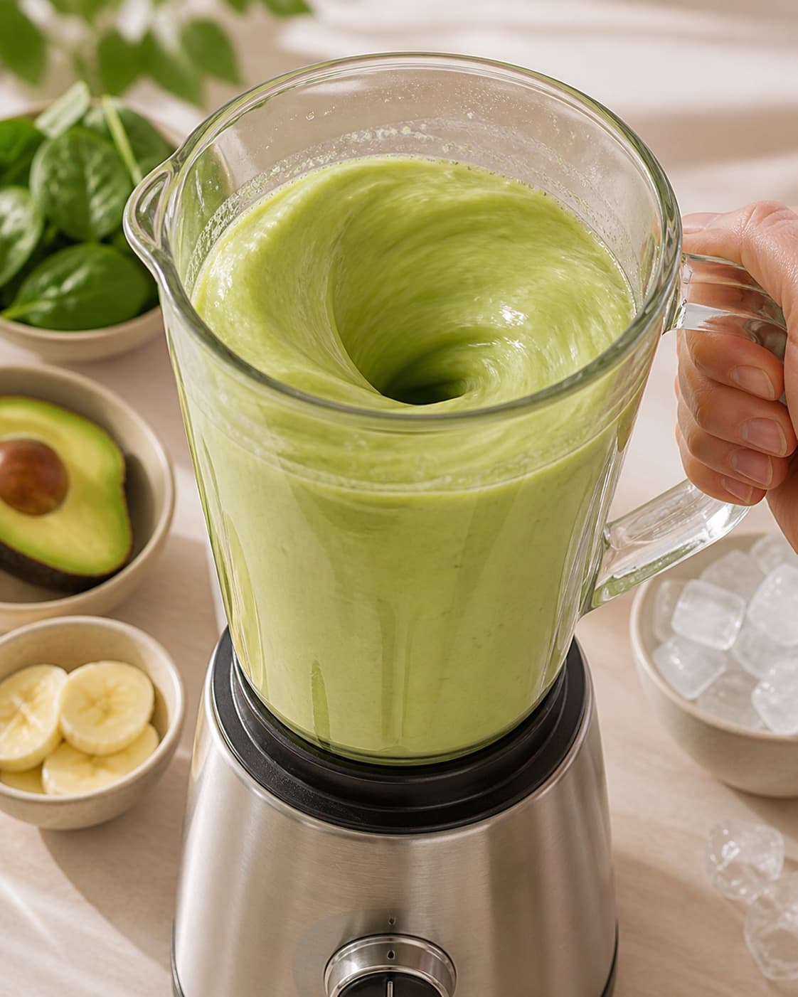 Avocado banana spinach and ice actively blending into a completely smooth vivid pale-green vortex under tilberedningen af avocado smoothie